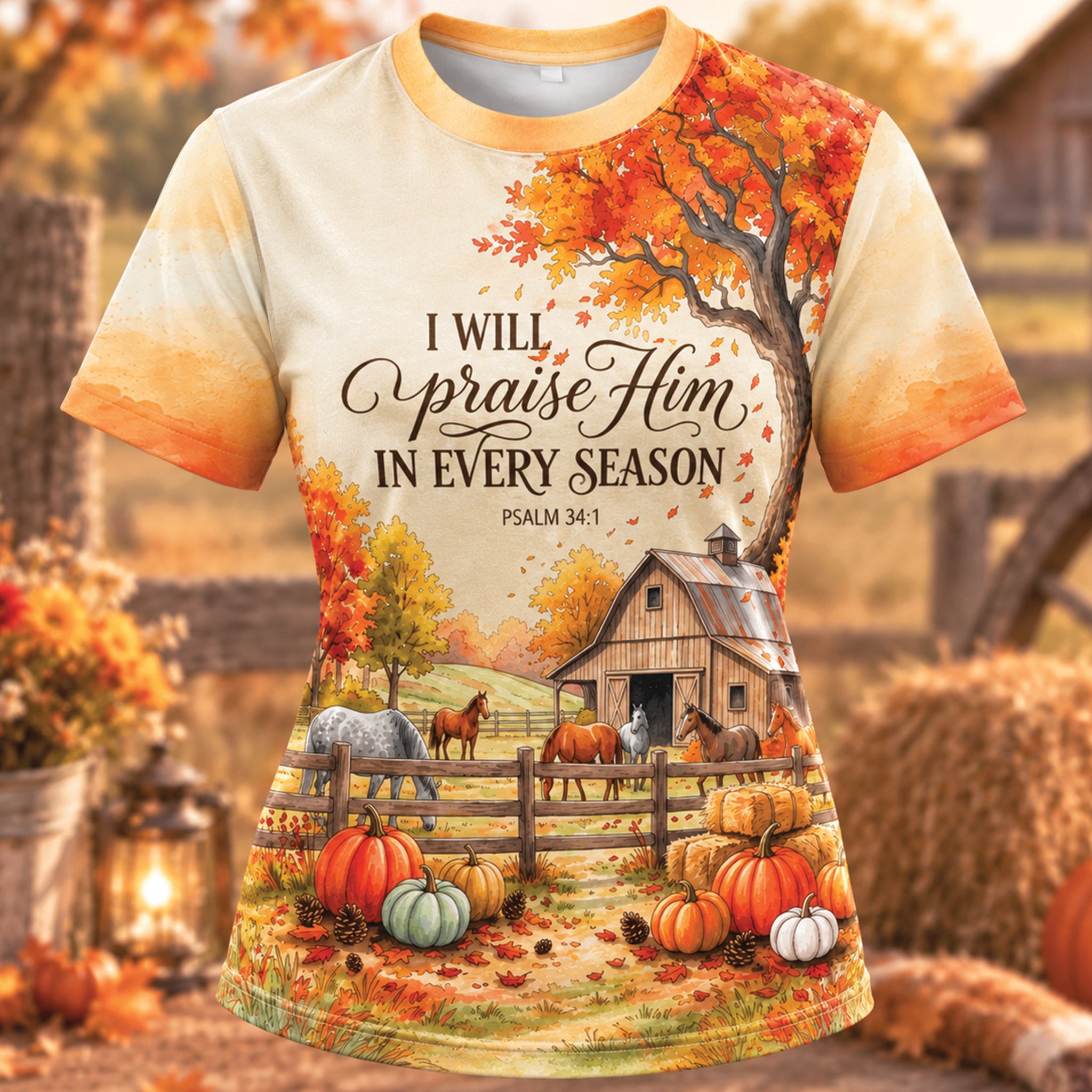 Christian Fall All Over Print Shirt, I Will Praise Him In Every Season Tee