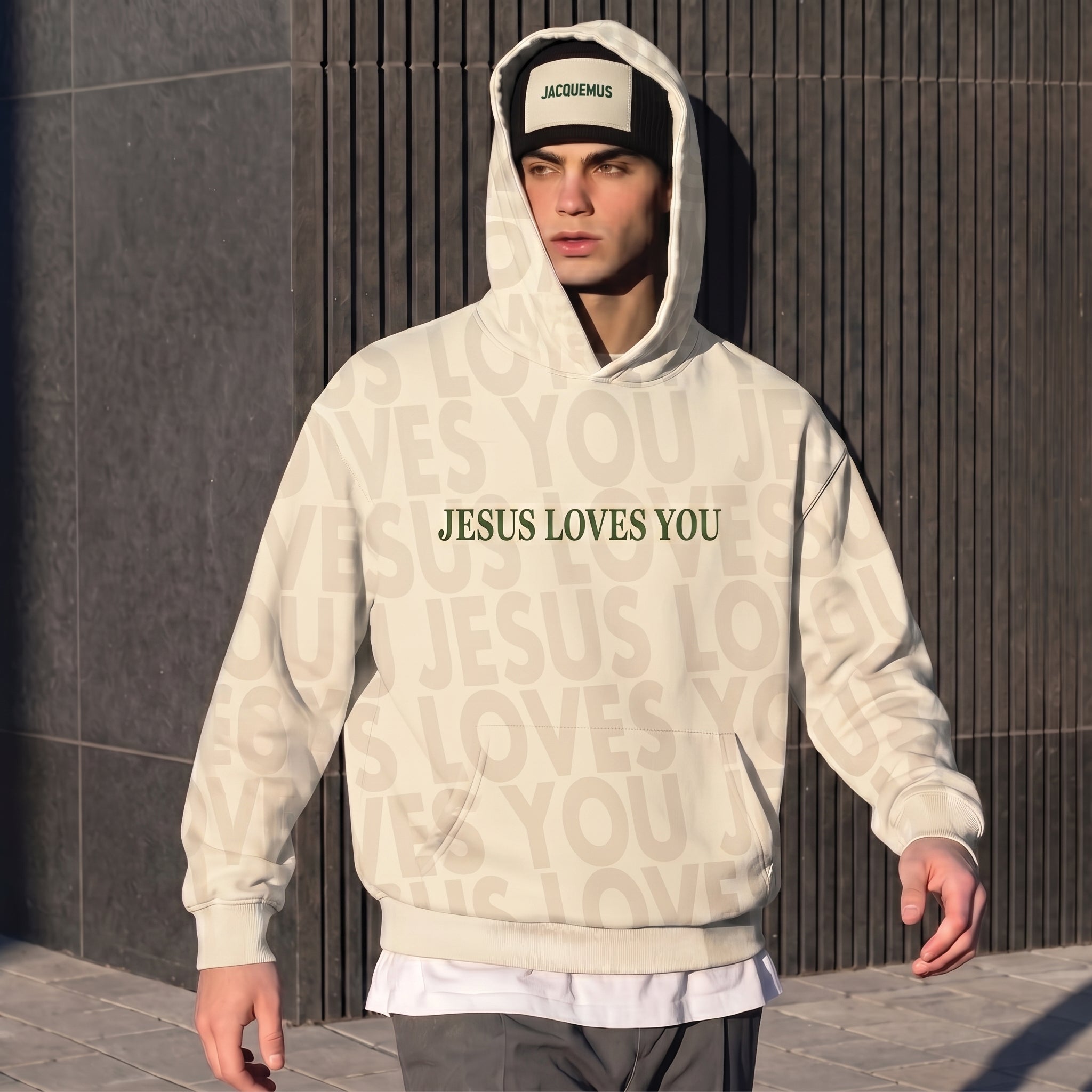 Jesus Loves You Unisex Hoodie, Cream & Green Faith-Based Streetwear