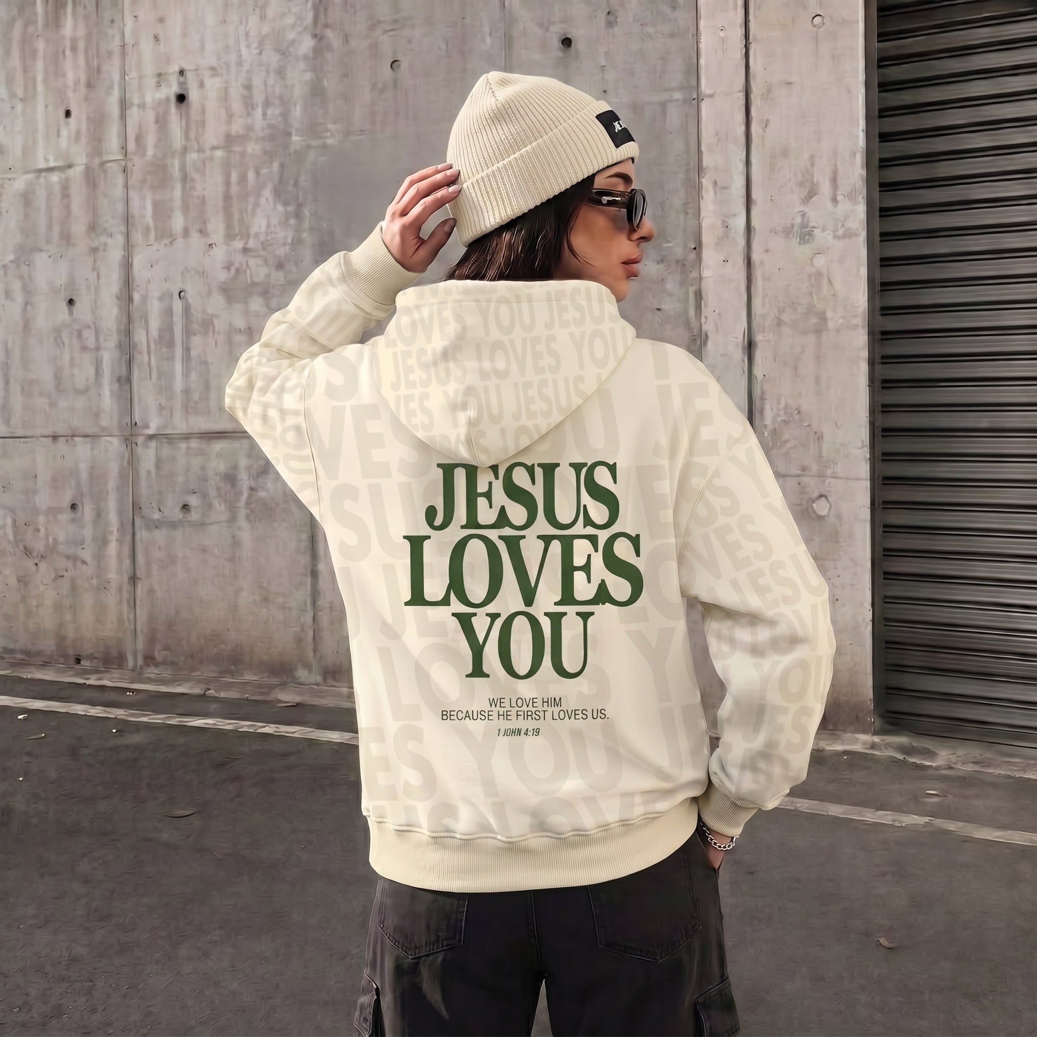 Jesus Loves You Unisex Hoodie, Cream & Green Faith-Based Streetwear
