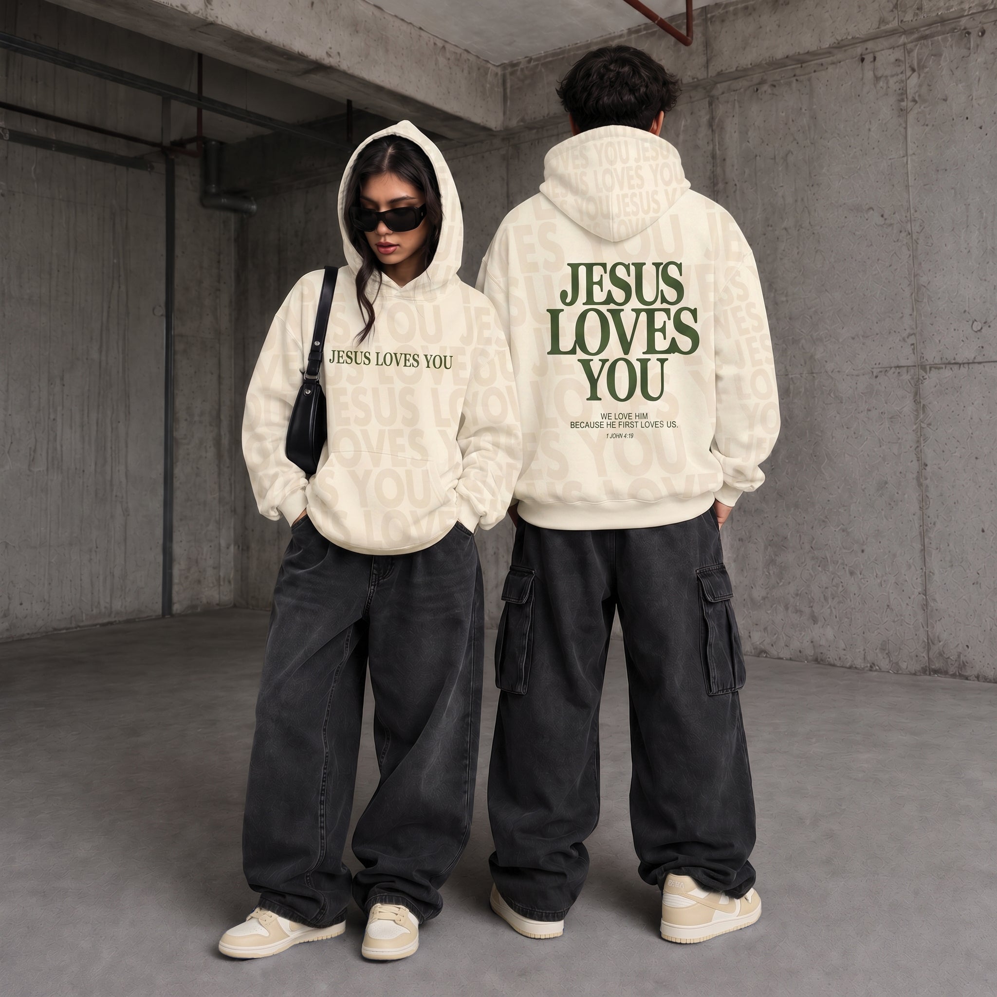 Jesus Loves You Unisex Hoodie, Cream & Green Faith-Based Streetwear