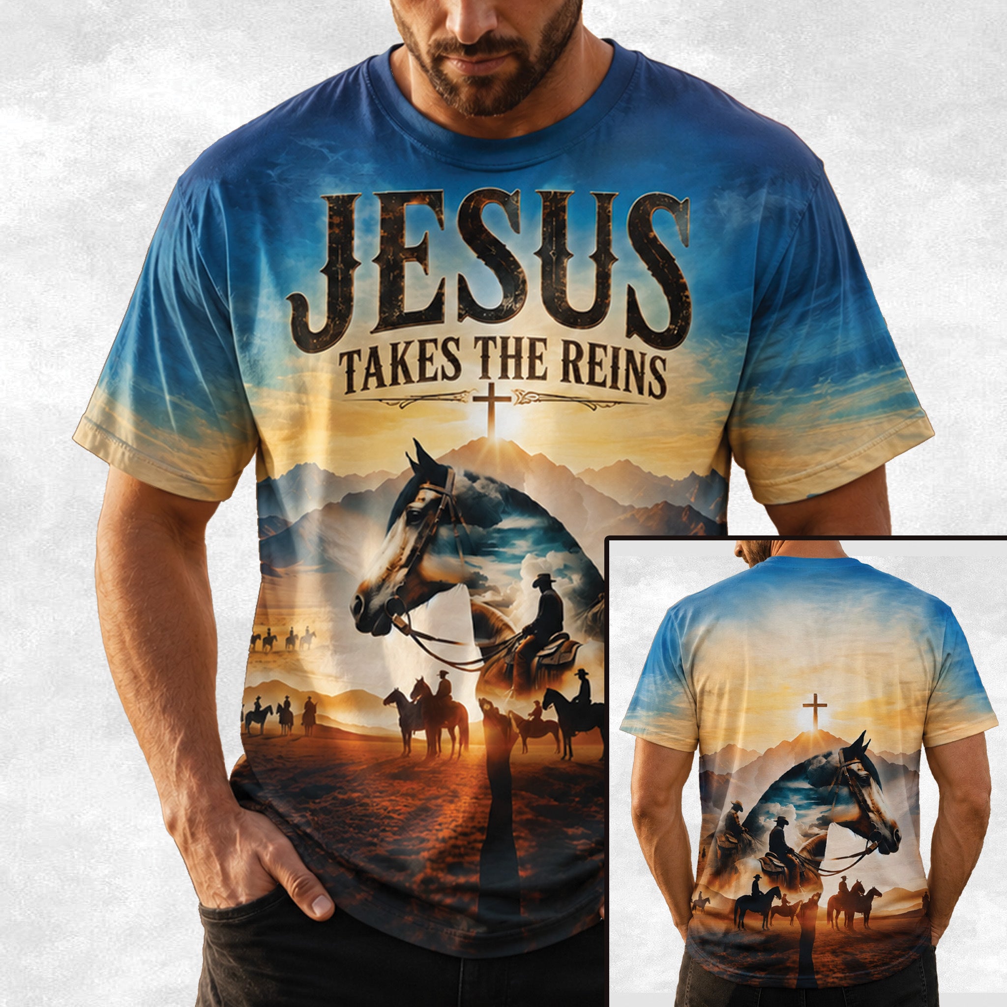 Jesus Takes The Reins All Over Print Shirt, Christian Western Tee