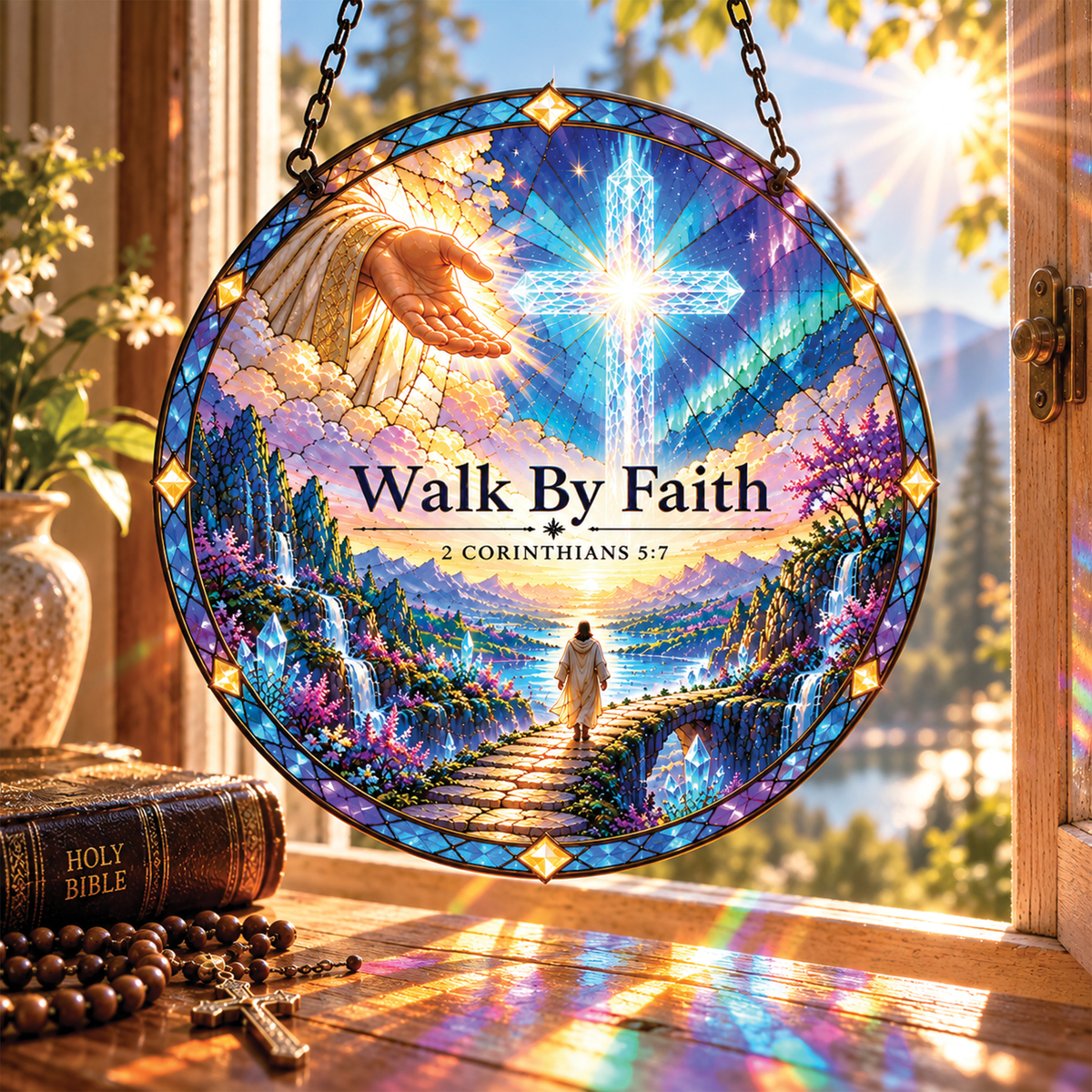 Walk by Faith Christian Faux Stained Glass Suncatcher
