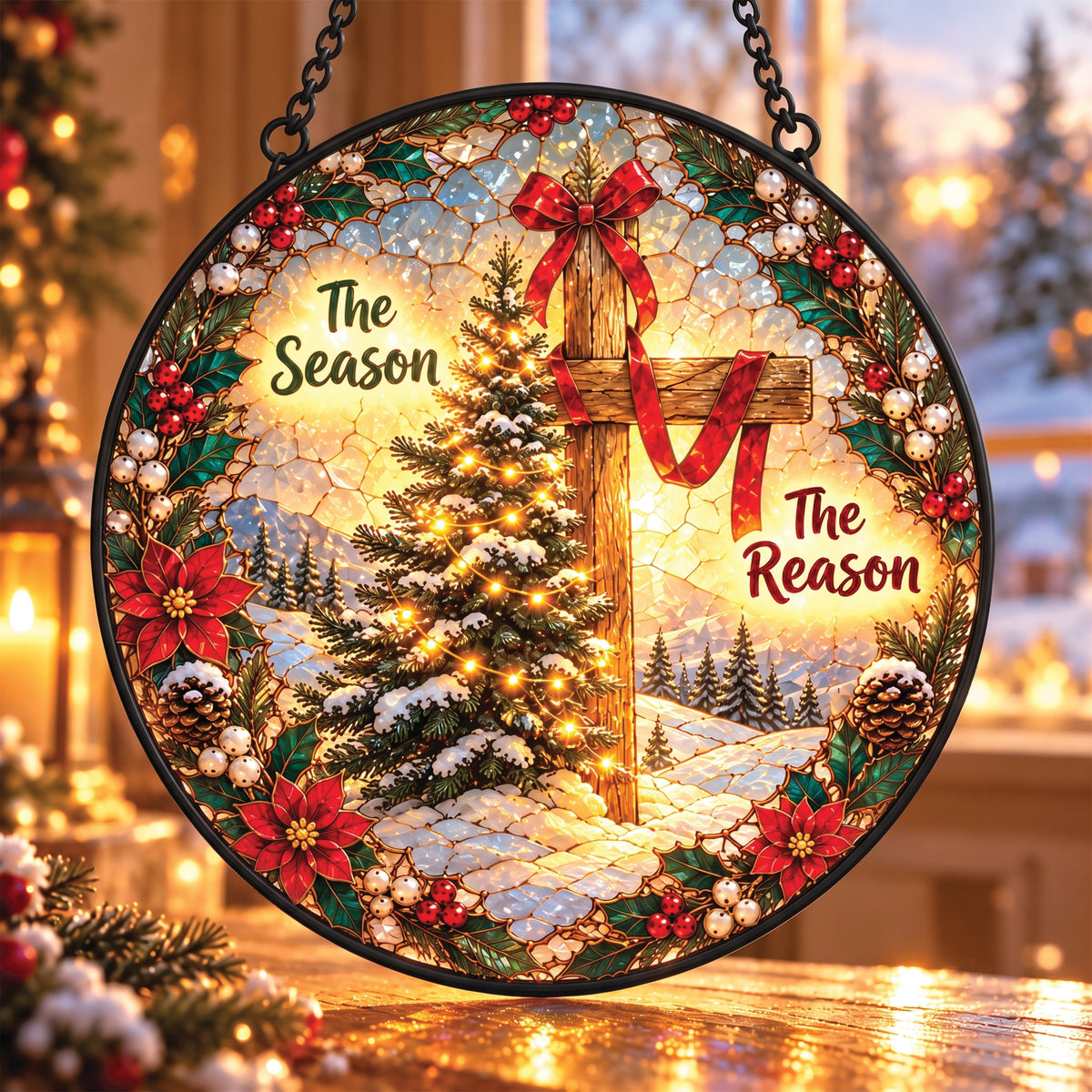 The Season The Reason Christmas Cross Faux Stained Glass Suncatcher