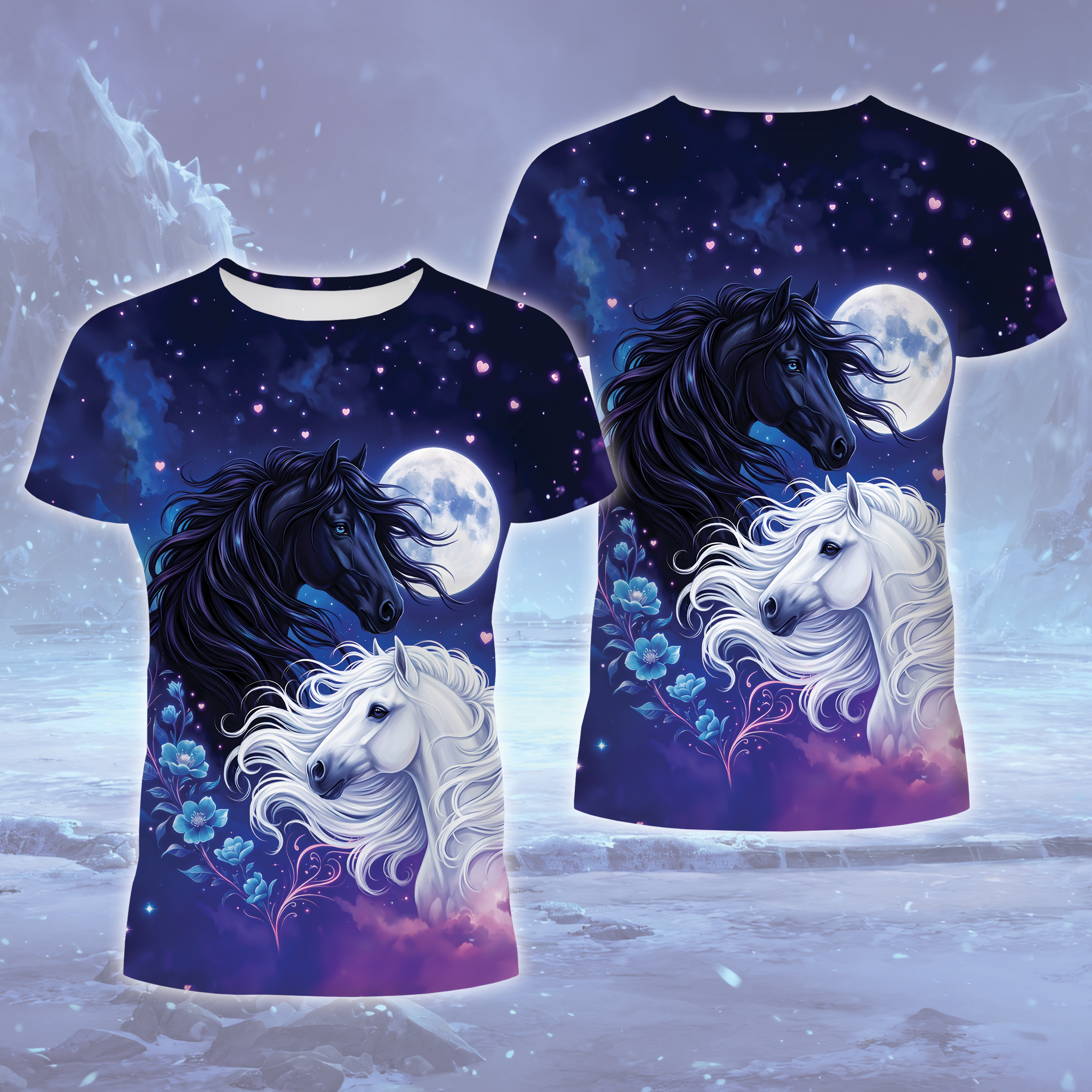 Black and White Horses Under Moonlight All Over Print Shirt
