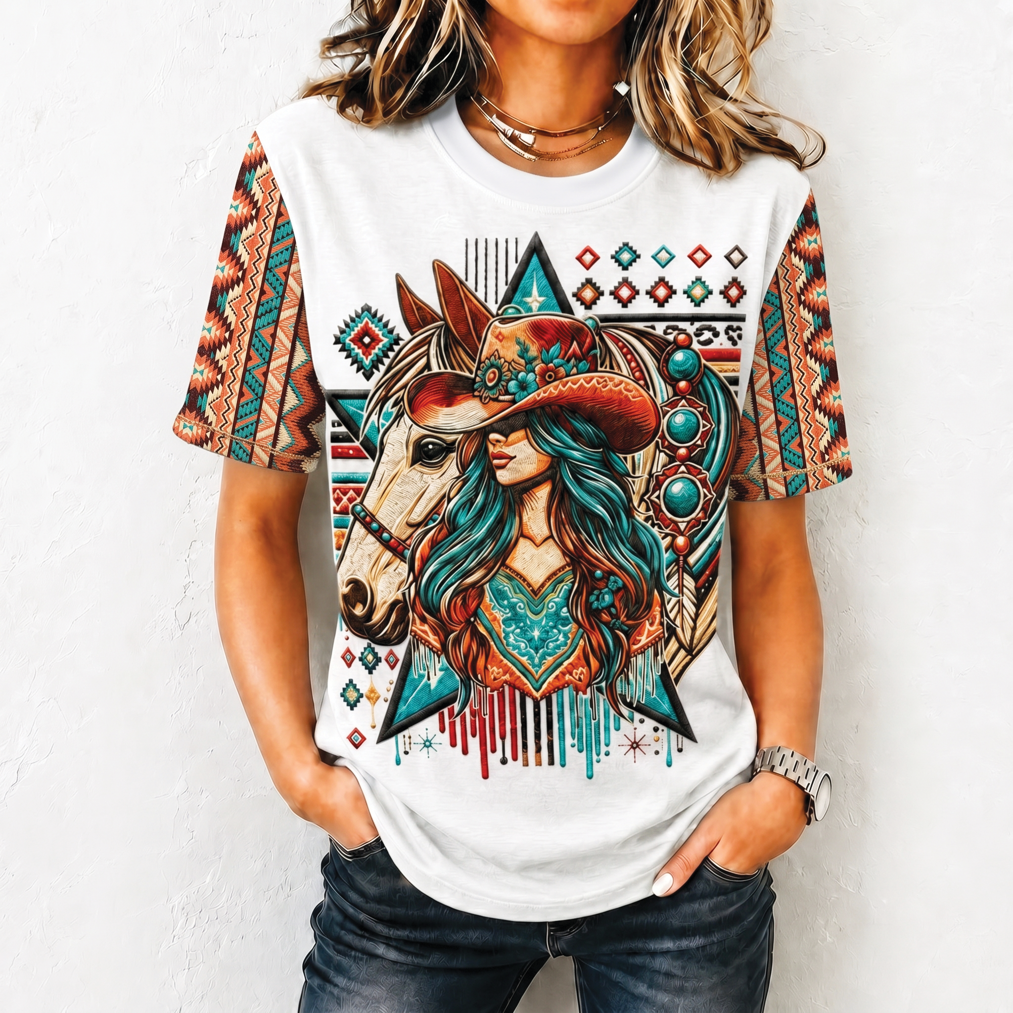Native Horse All Over Print Shirt, Western Boho Horse Graphic Tee for Women