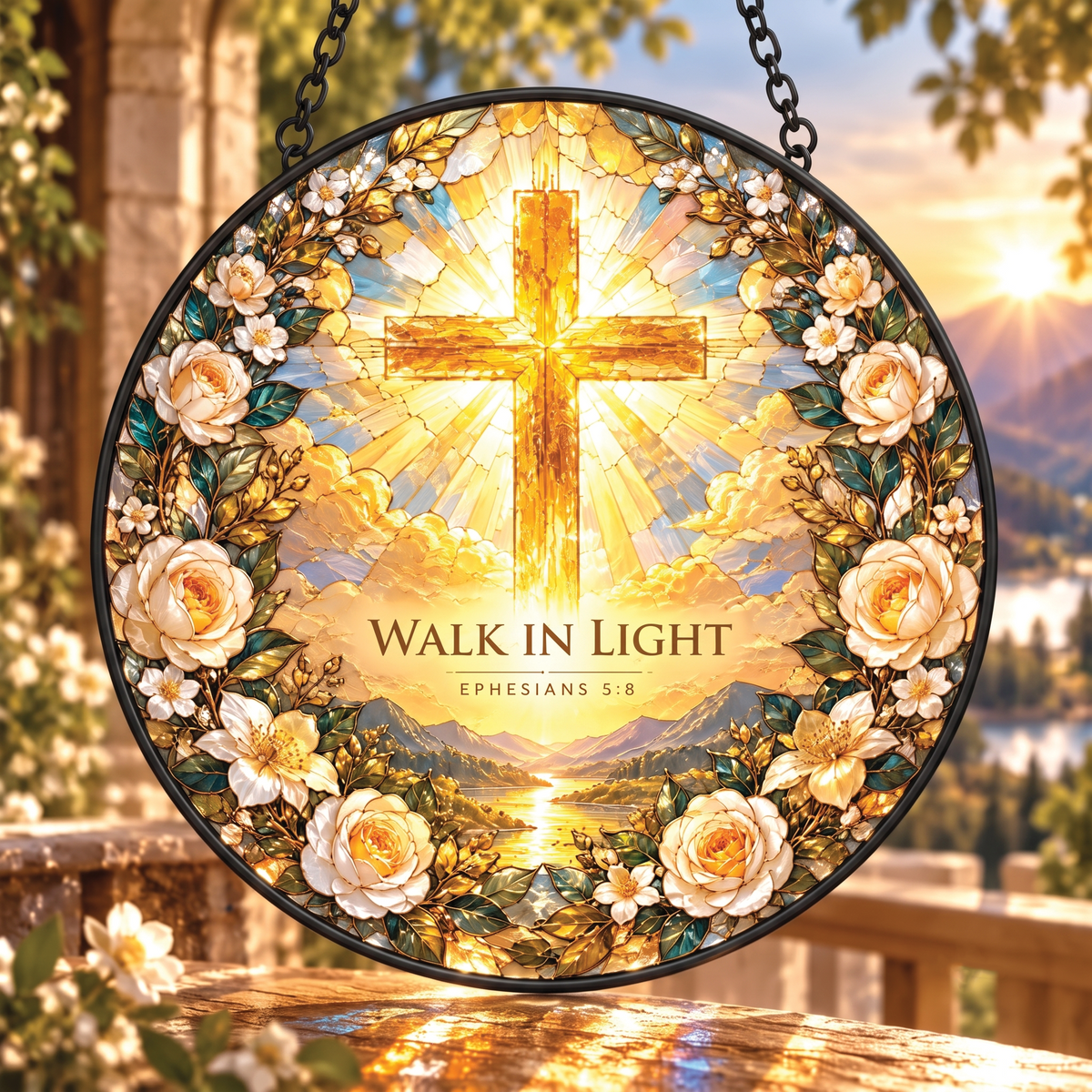 Christian Cross Walk In Light Faux Stained Glass Suncatcher
