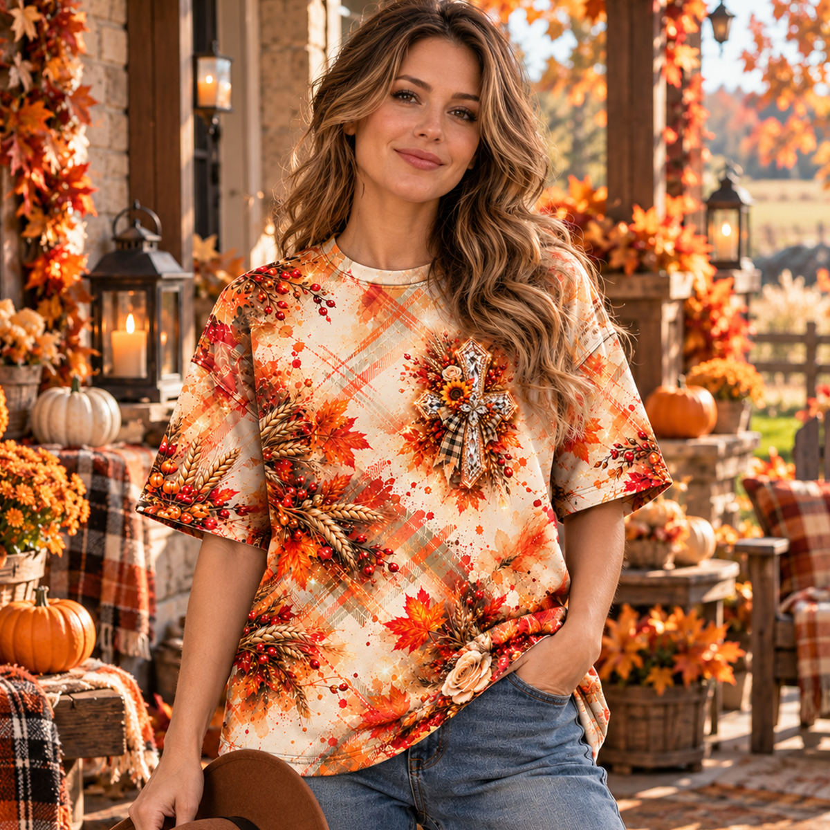 Christian Fall Floral Cross Thanksgiving All Over Print Shirt