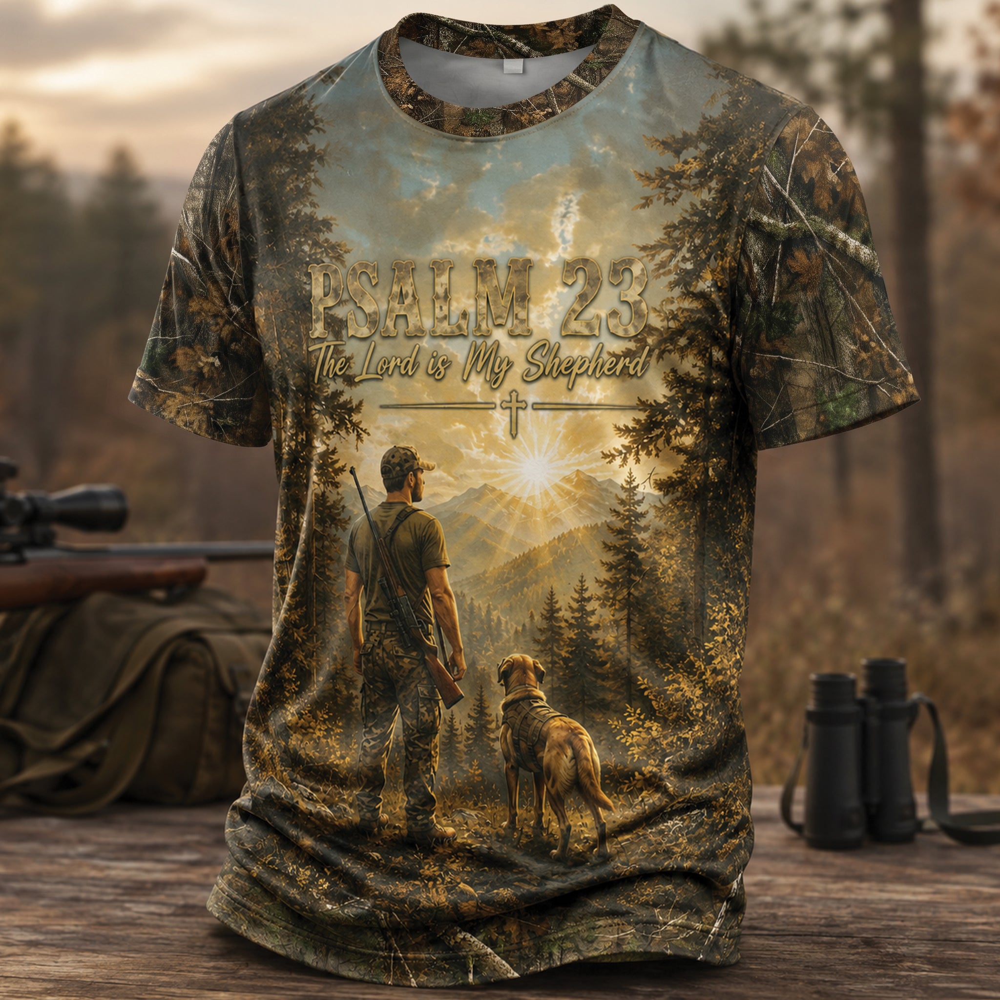 Christian Hunting All Over Print Shirt, Psalm 23 The Lord Is My Shepherd Tee