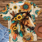 Sunflower Horse 3D Printed T-Shirt, Floral Cowgirl Shirt
