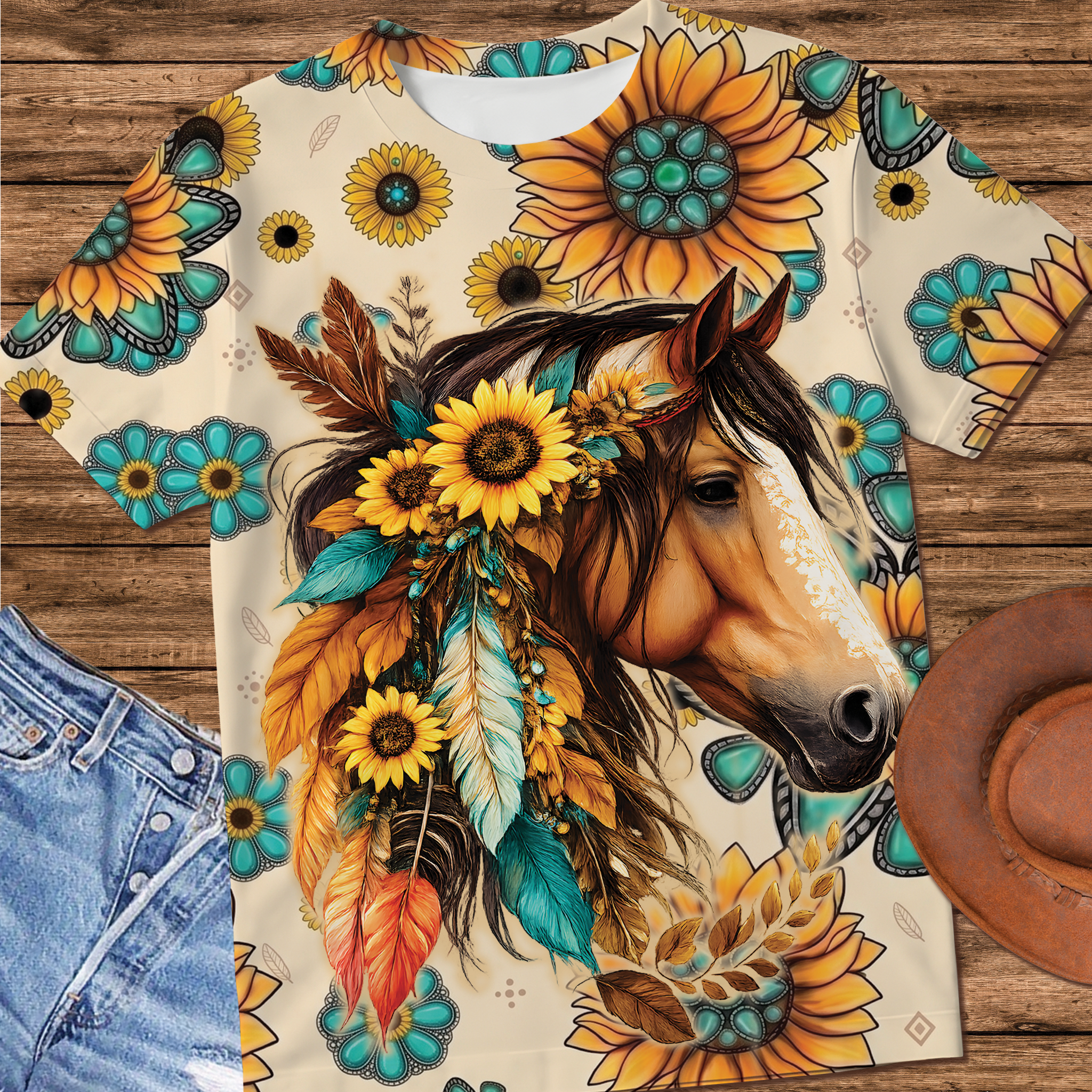 Sunflower Horse 3D Printed T-Shirt, Floral Cowgirl Shirt