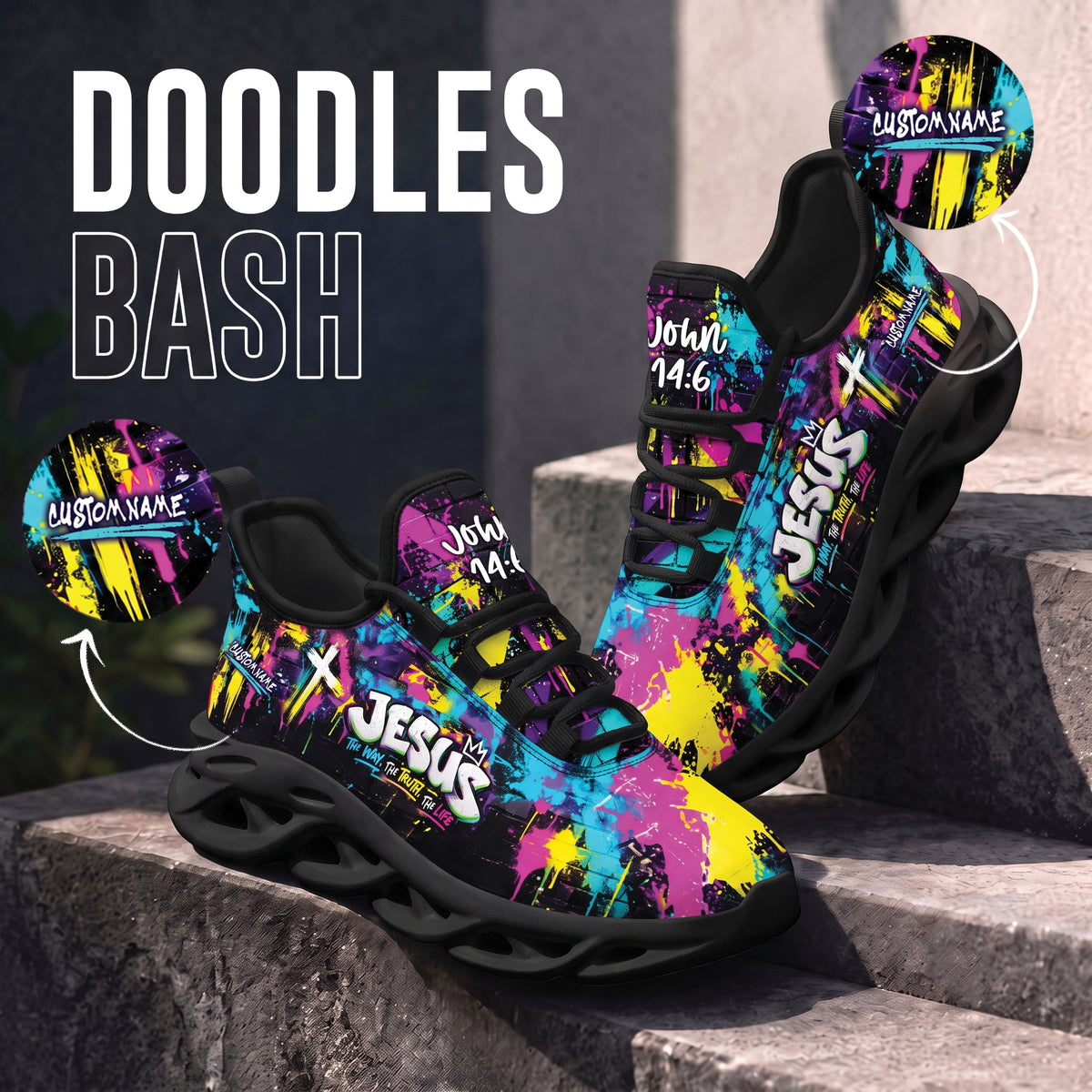 A pair of colorful graphic sneakers displayed on stone steps, with large text reading 'DOODLES BASH' and circular callouts showing custom name customization. The shoes have a black base with bright splatter-style graphics in pink, blue, yellow, and purple, plus white 'JESUS' and 'John 14:6' text.