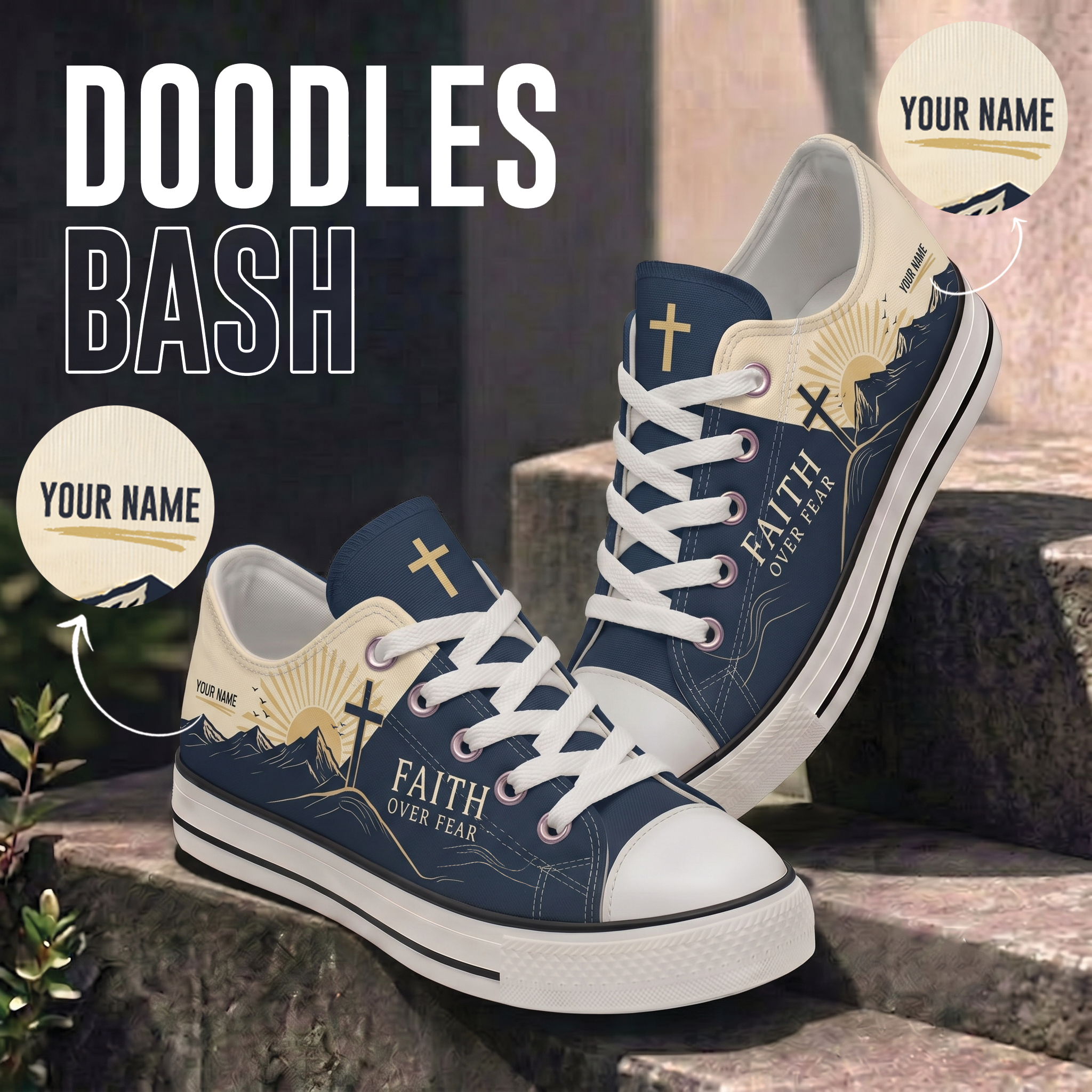 Personalized Faith Over Fear Canvas Sneakers – Custom Name Christian Low Top Shoes