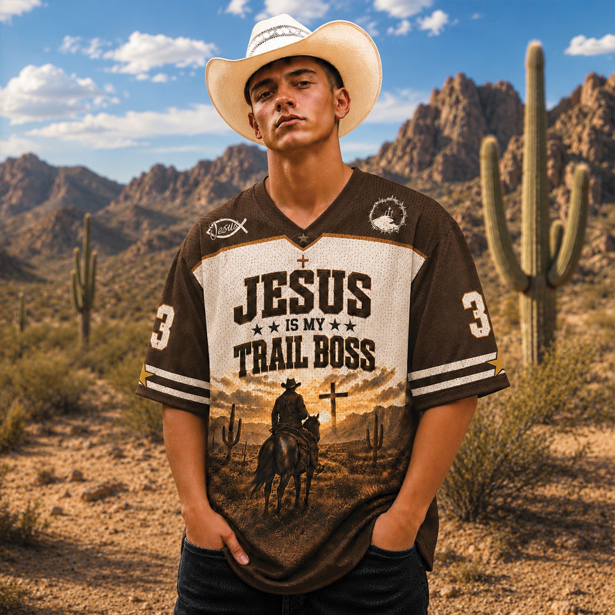 Jesus Is My Trail Boss Christian Football Jersey, Psalm 23:1 Bible Verse Western Cowboy Shirt
