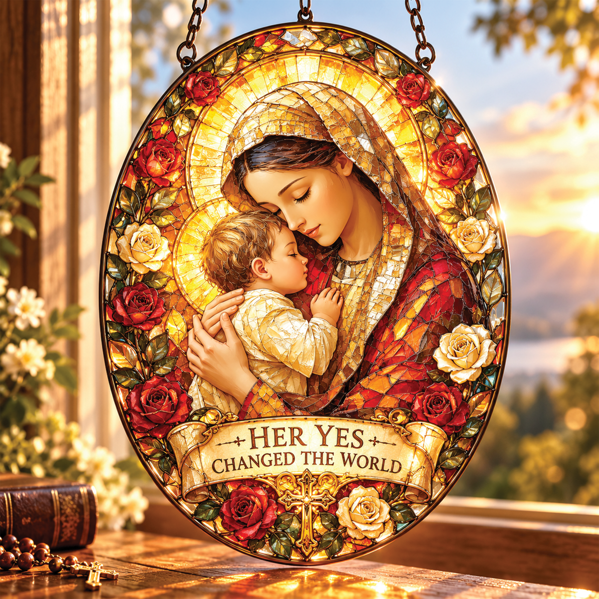 Mary's Yes Changed the World Acrylic Suncatcher