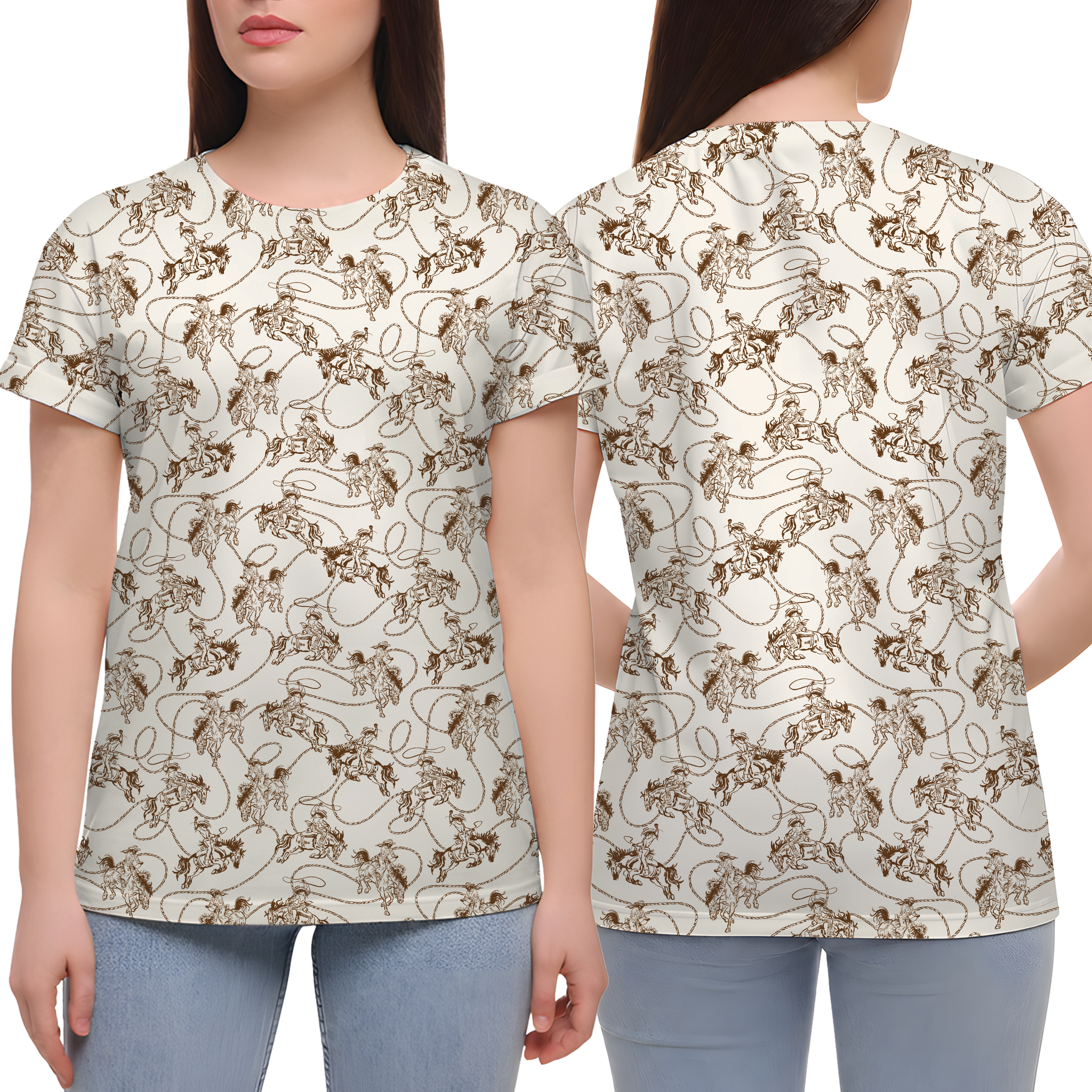 Western Cowgirl Pattern Womens 3D Printed T-Shirt