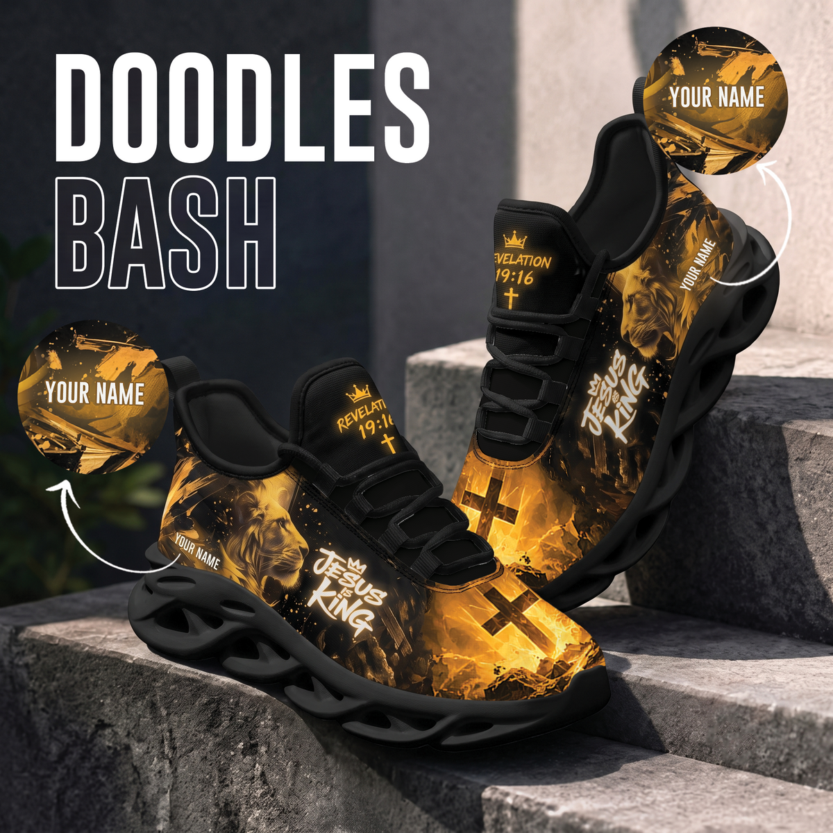 Custom Name Jesus Is King Gold Sneakers - Christian Max Soul Shoes
