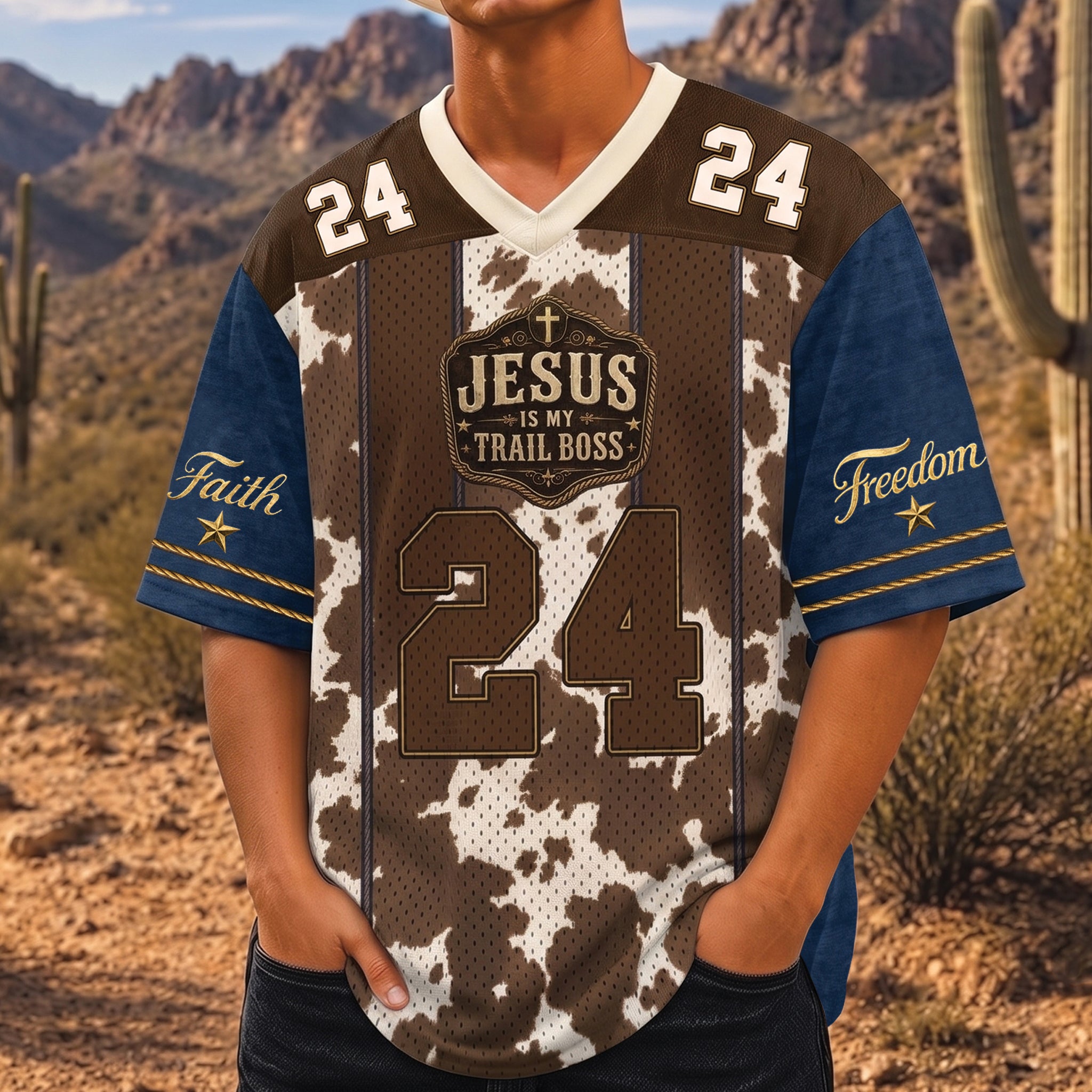 Christian Football Jersey, Jesus Is My Trail Boss Cowboy Shirt
