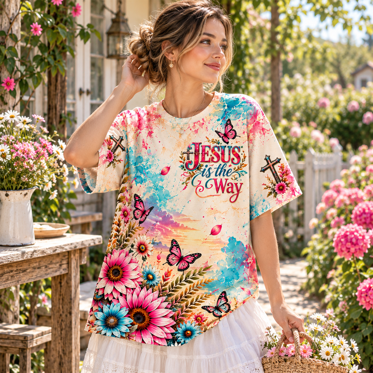 Jesus Is the Way Christian Floral All Over Print Shirt