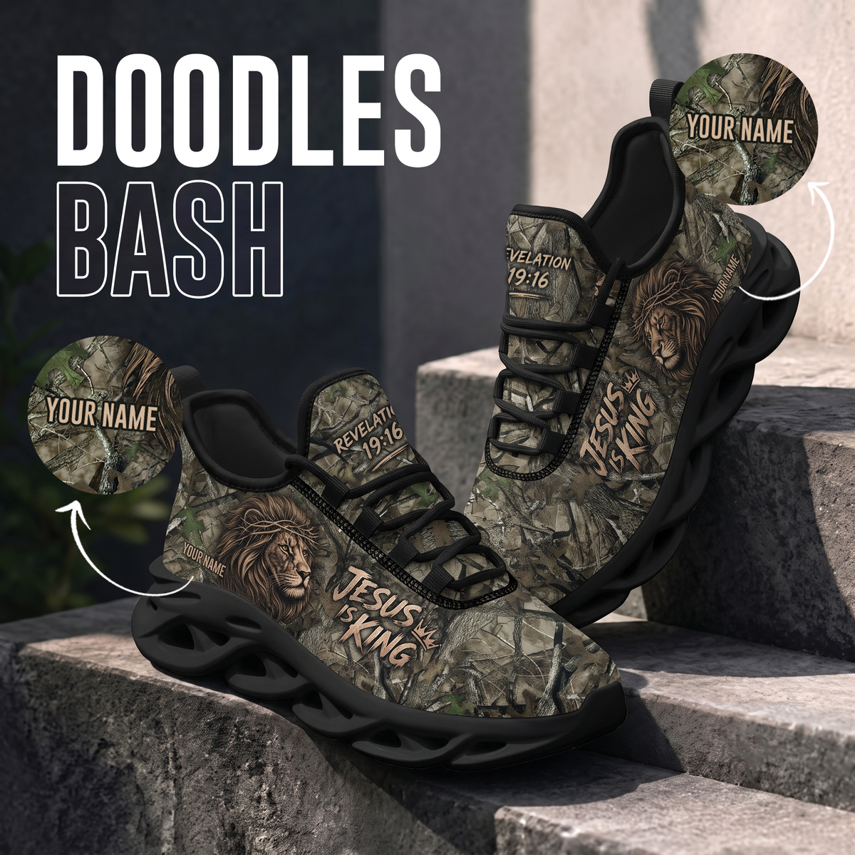 Custom Name Jesus Is King Camo Sneakers - Christian Max Soul Shoes