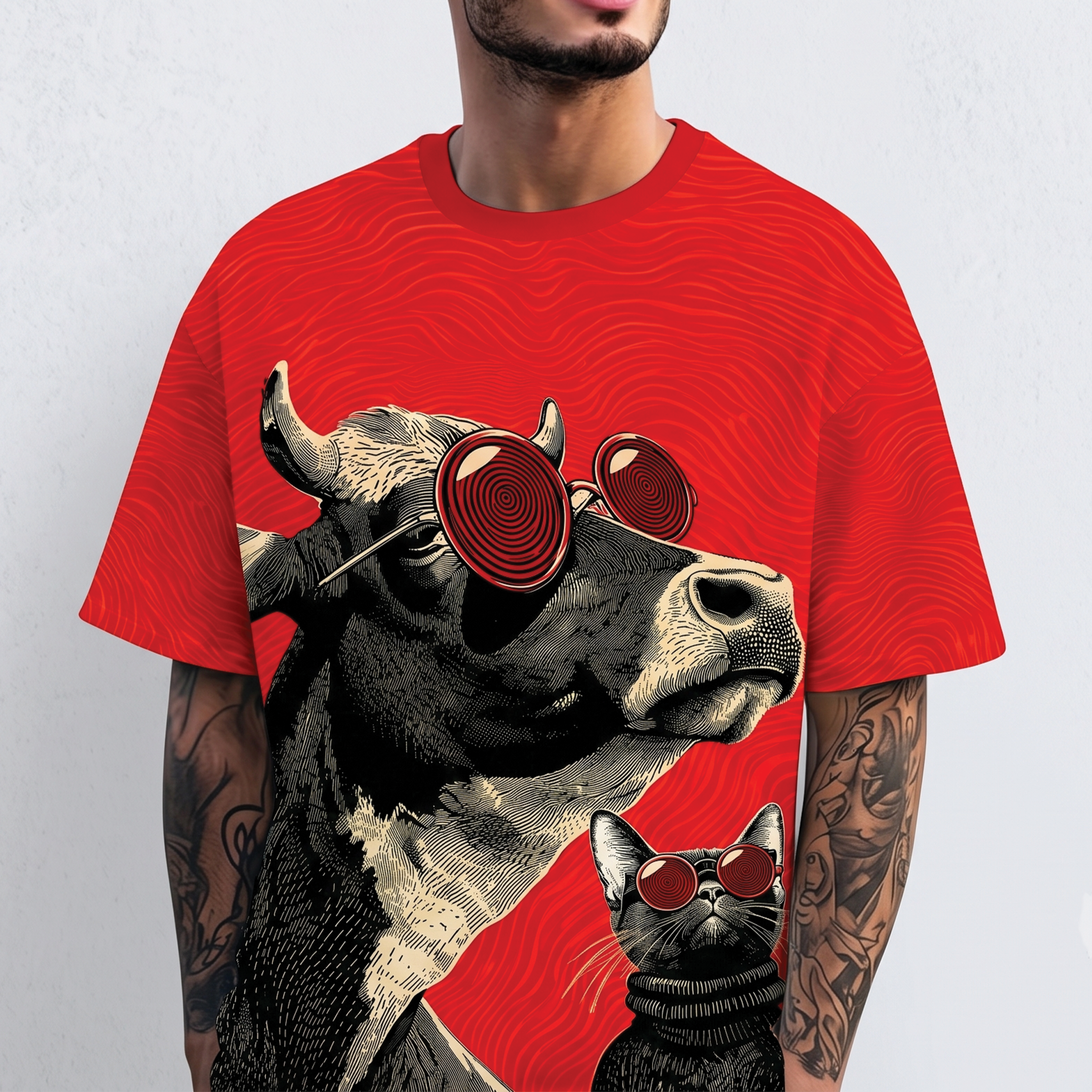 Hypnotic Cow and Cat with Sunglasses All Over Print Shirt, Trippy Hypnotic Animal Tee