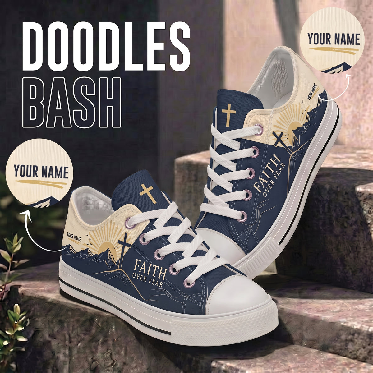 Personalized Faith Over Fear Canvas Sneakers - Custom Name Christian Low Top Shoes