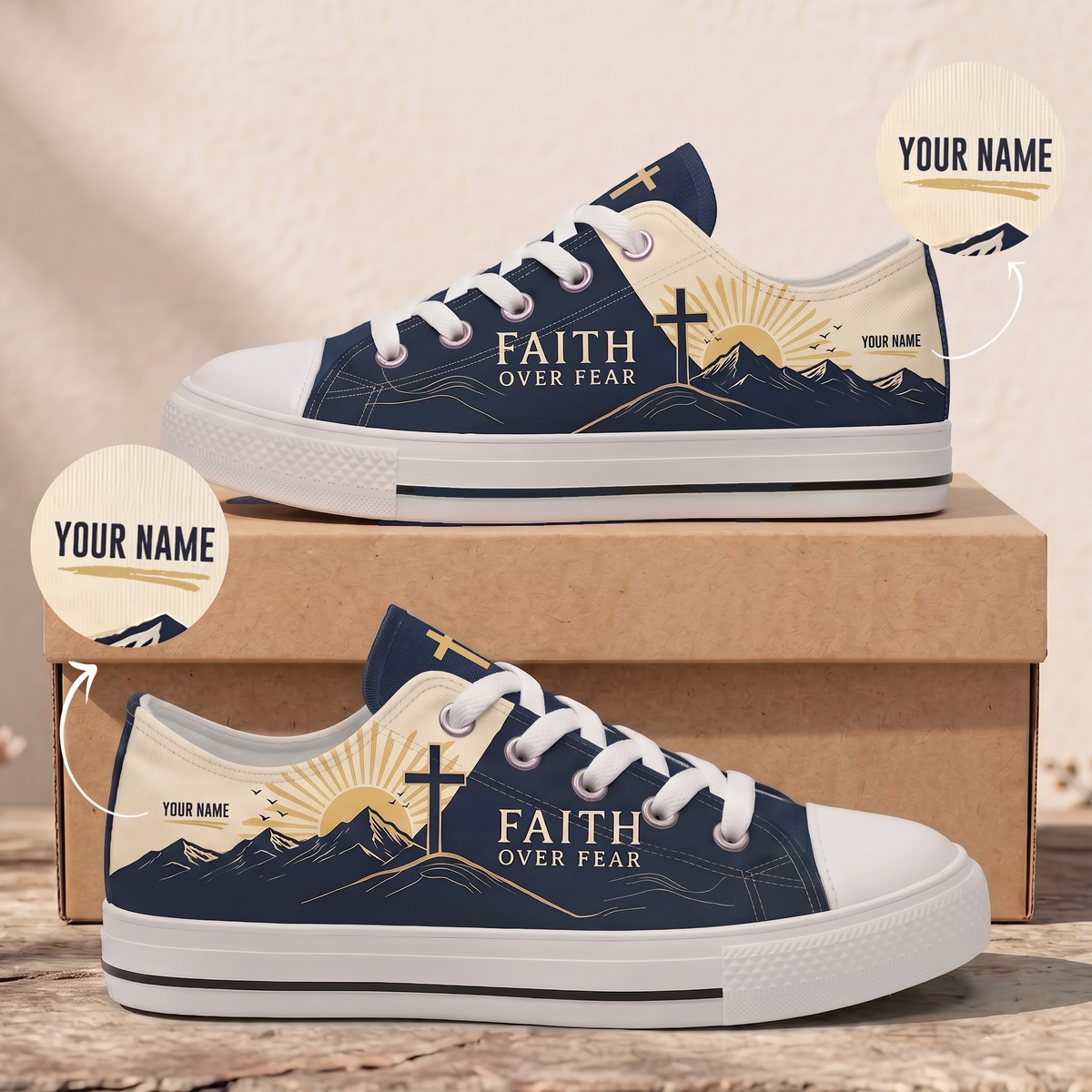 Personalized Faith Over Fear Canvas Sneakers - Custom Name Christian Low Top Shoes