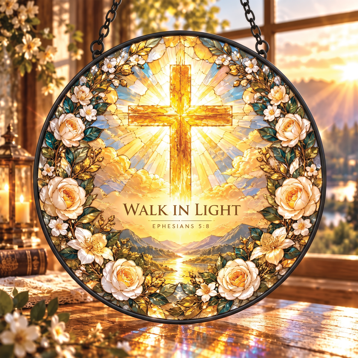 Christian Cross Walk In Light Faux Stained Glass Suncatcher