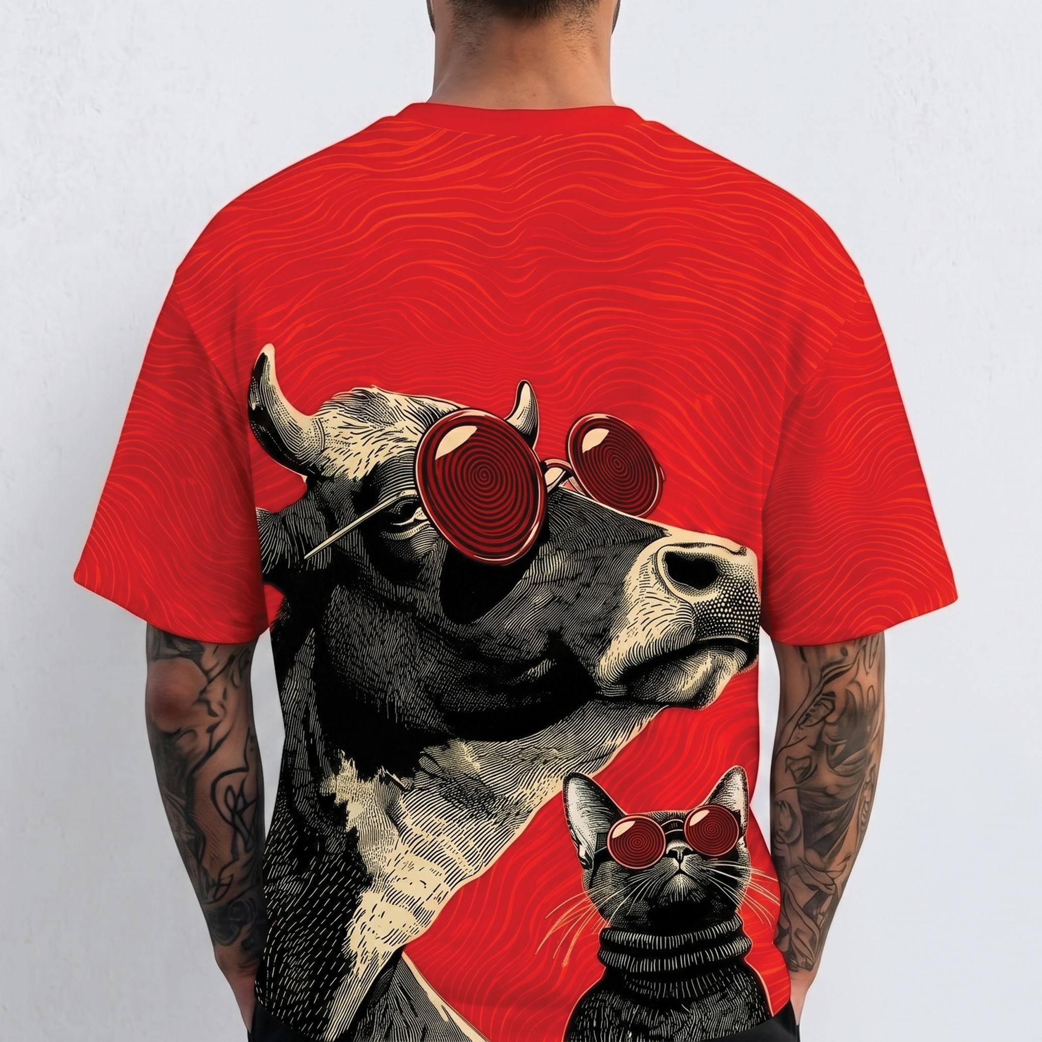 Hypnotic Cow and Cat with Sunglasses All Over Print Shirt, Trippy Hypnotic Animal Tee