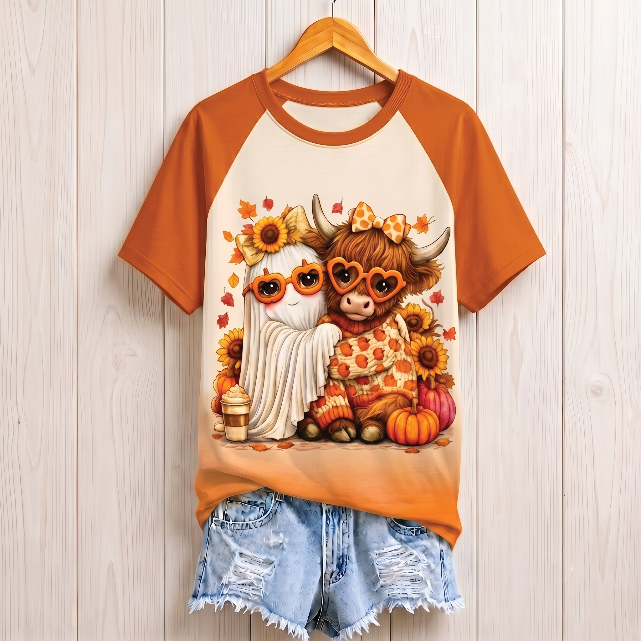 Highland Cow and Ghost Halloween All Over Print Shirt, Spooky Fall Shirt