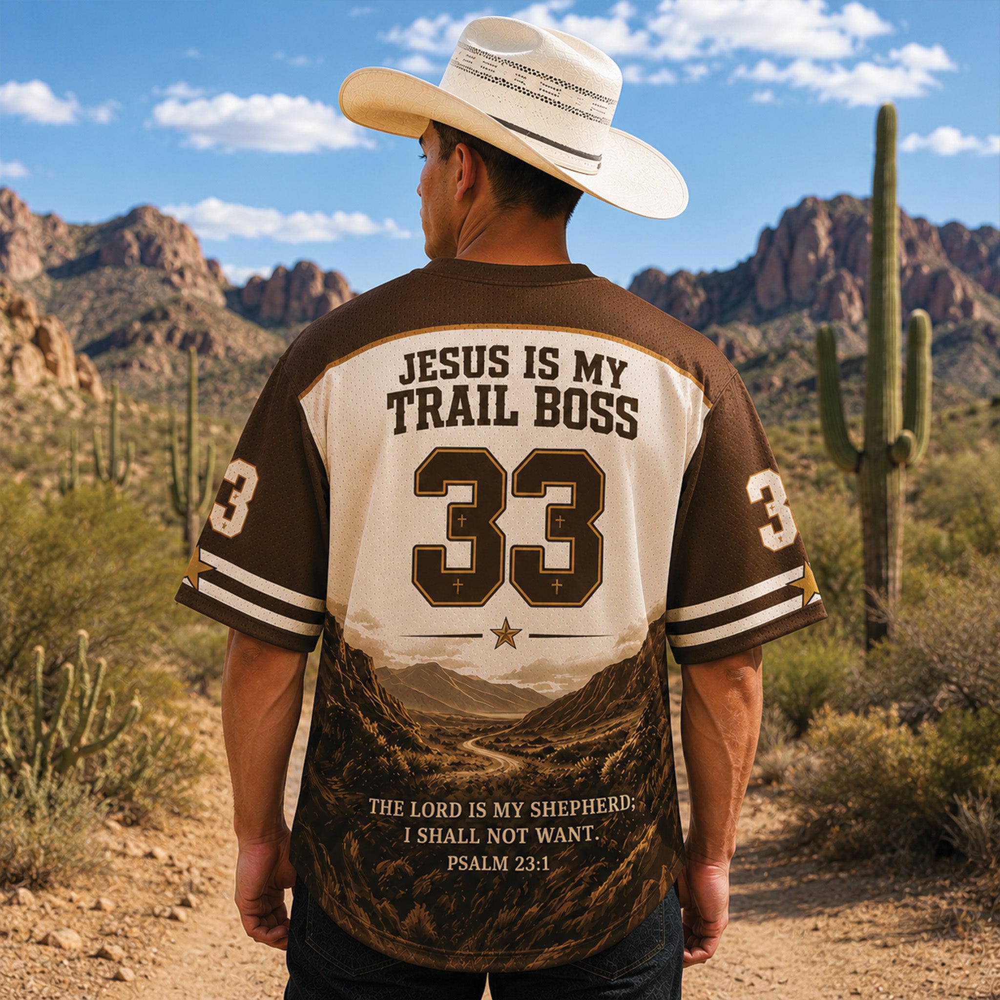 Jesus Is My Trail Boss Christian Football Jersey, Psalm 23:1 Bible Verse Western Cowboy Shirt