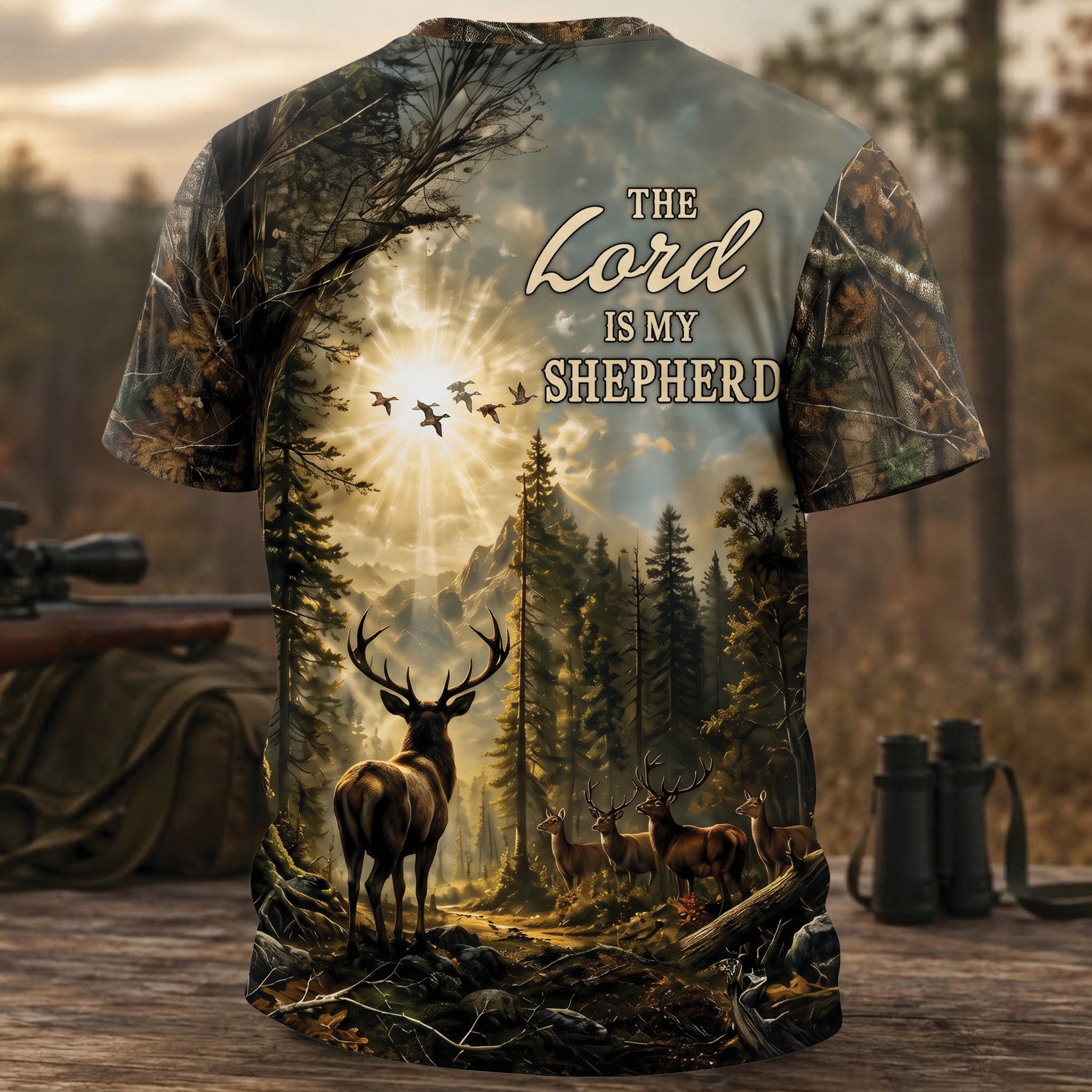 Christian Hunting All Over Print Shirt, Psalm 23 The Lord Is My Shepherd Tee