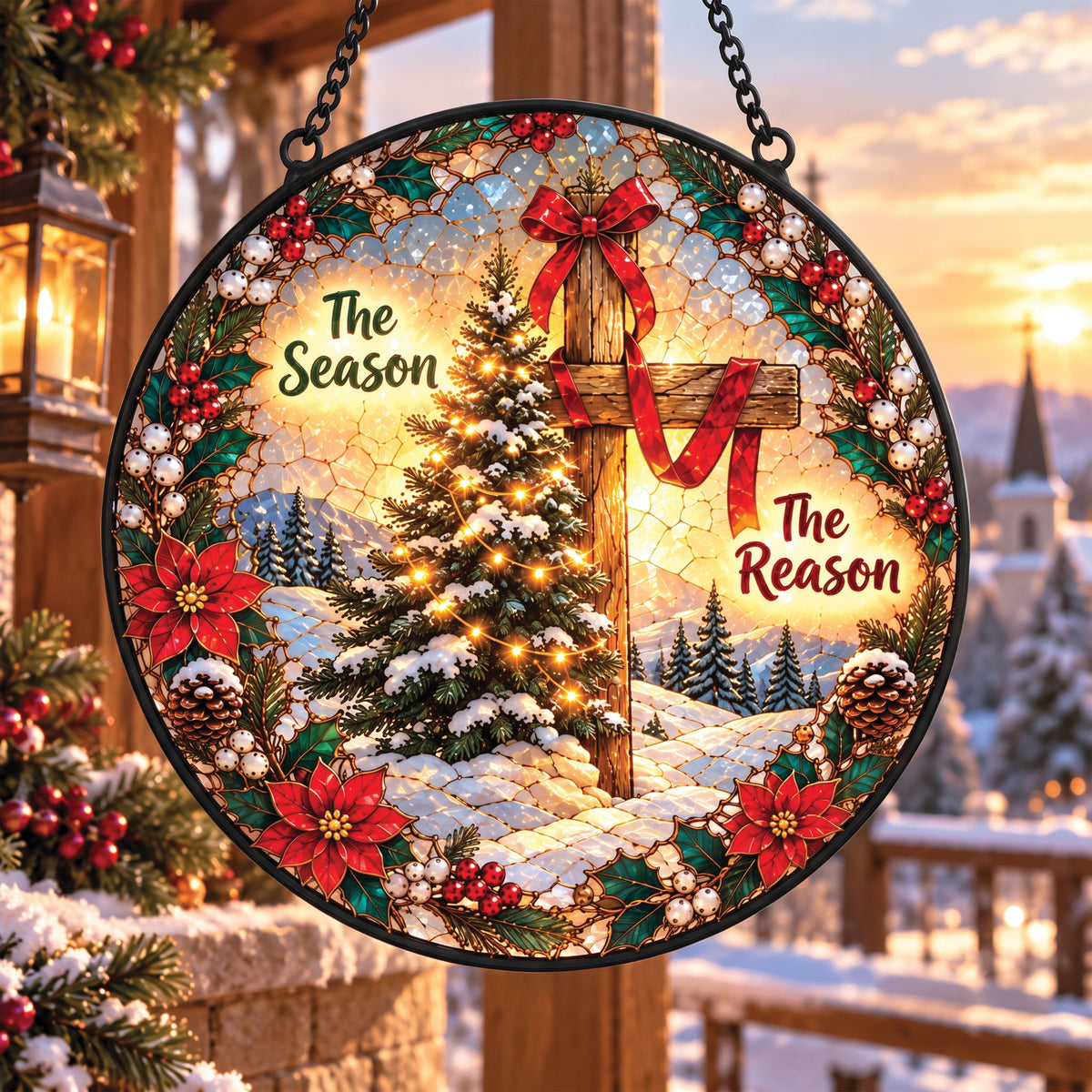 The Season The Reason Christmas Cross Faux Stained Glass Suncatcher
