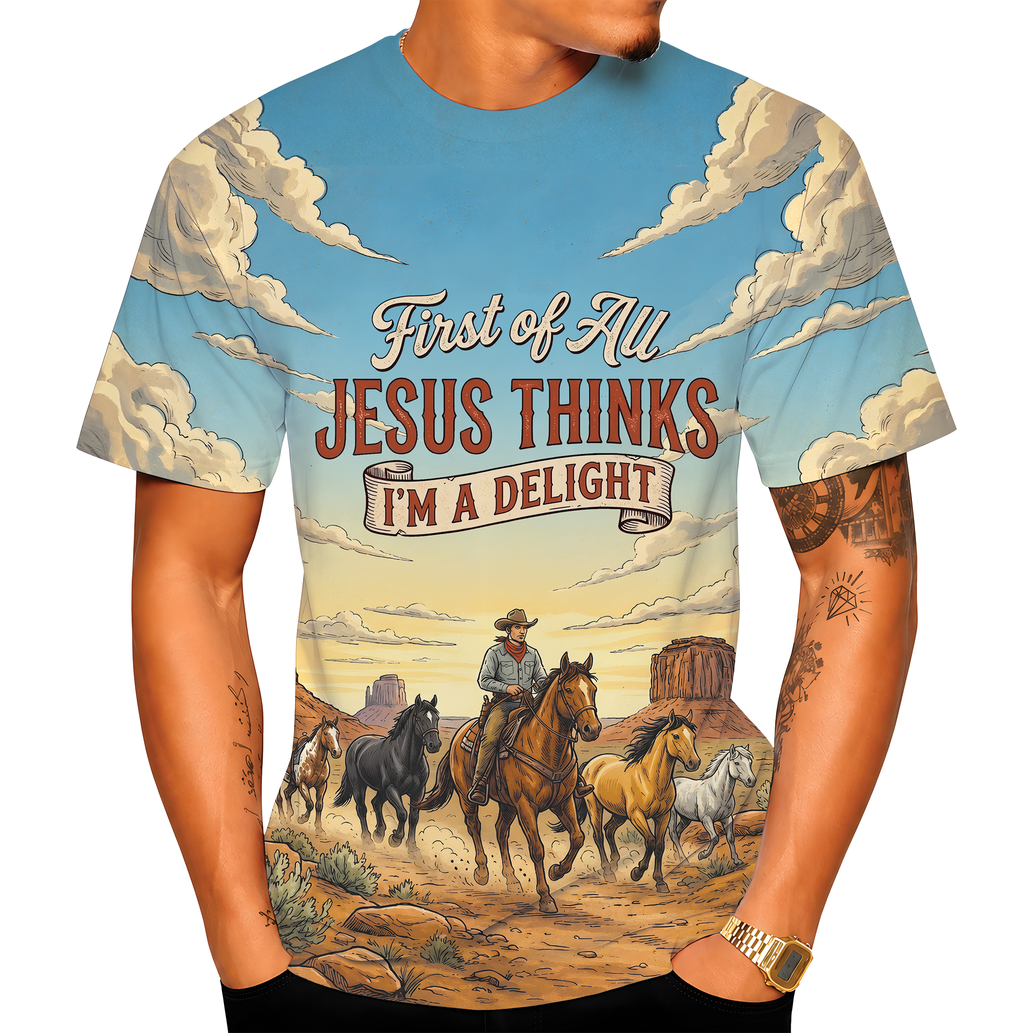First of all Jesus Thinks I'm a delight All Over Print Shirt, Christian Cowboy Tee