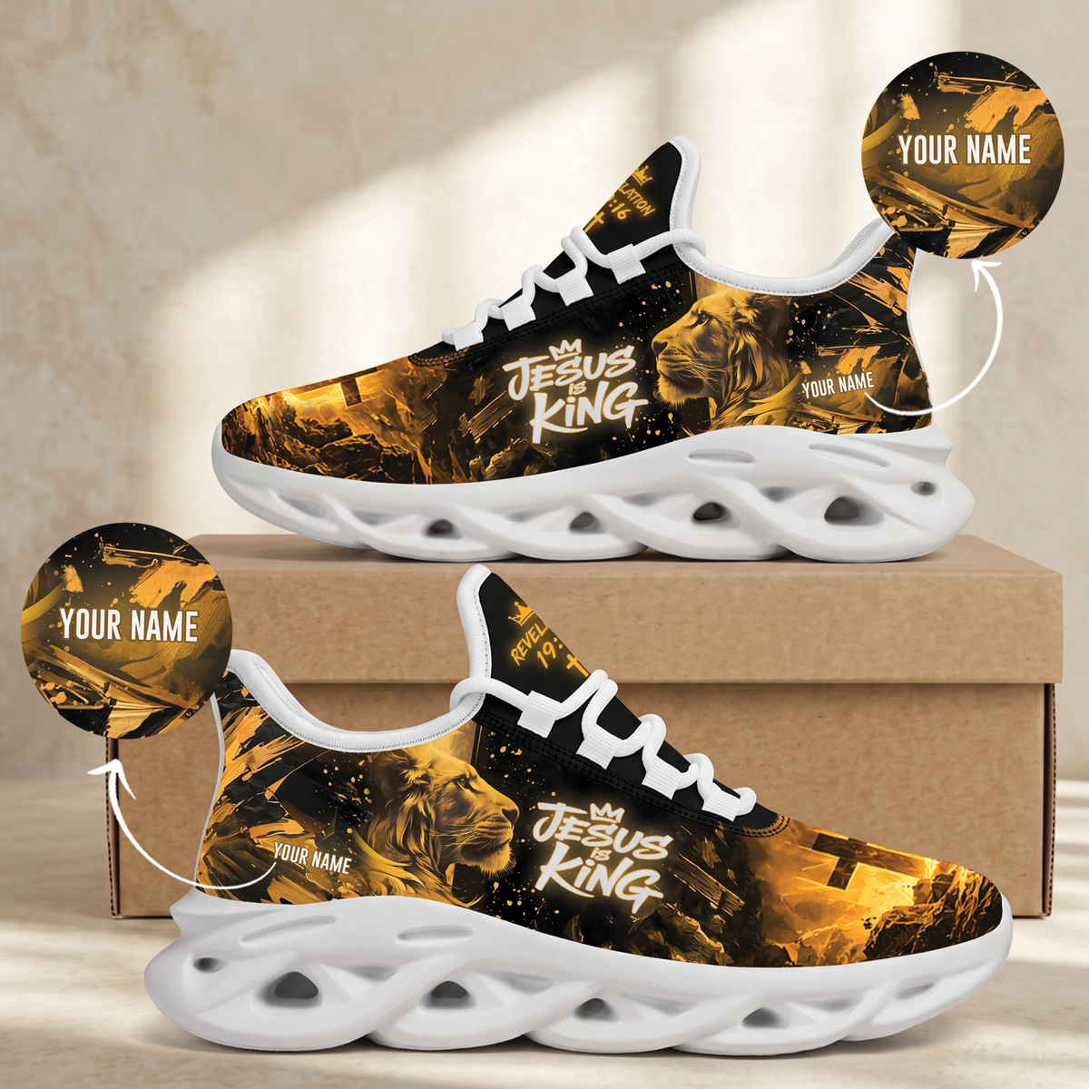 Custom Name Jesus Is King Gold Sneakers - Christian Max Soul Shoes