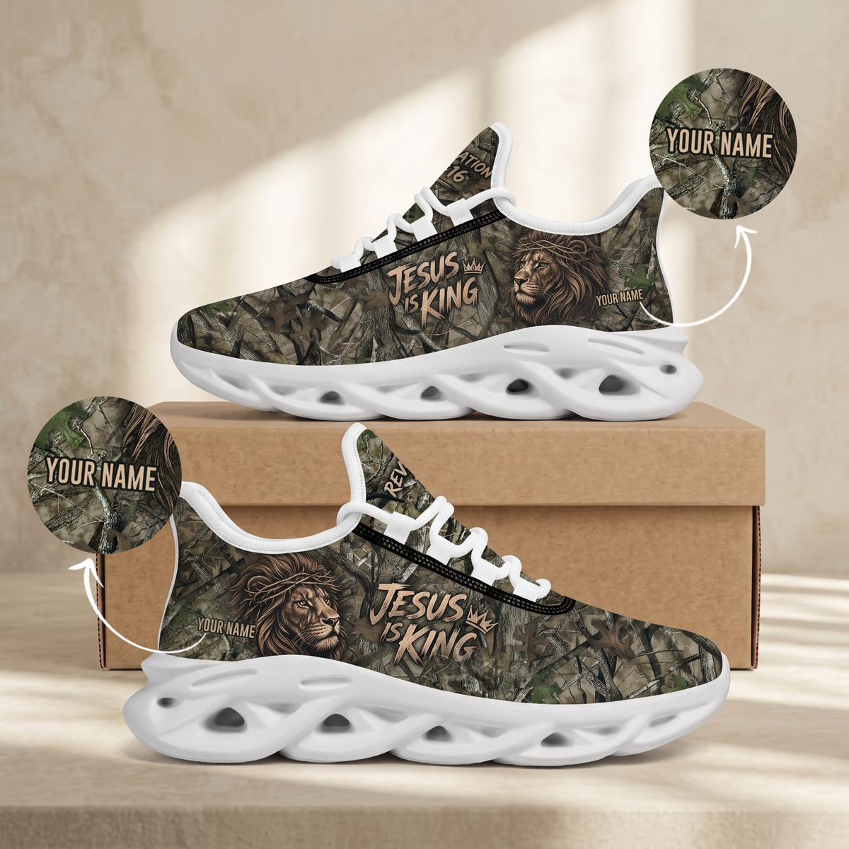 Custom Name Jesus Is King Camo Sneakers - Christian Max Soul Shoes