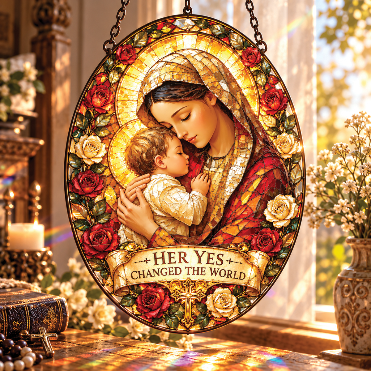Mary's Yes Changed the World Acrylic Suncatcher