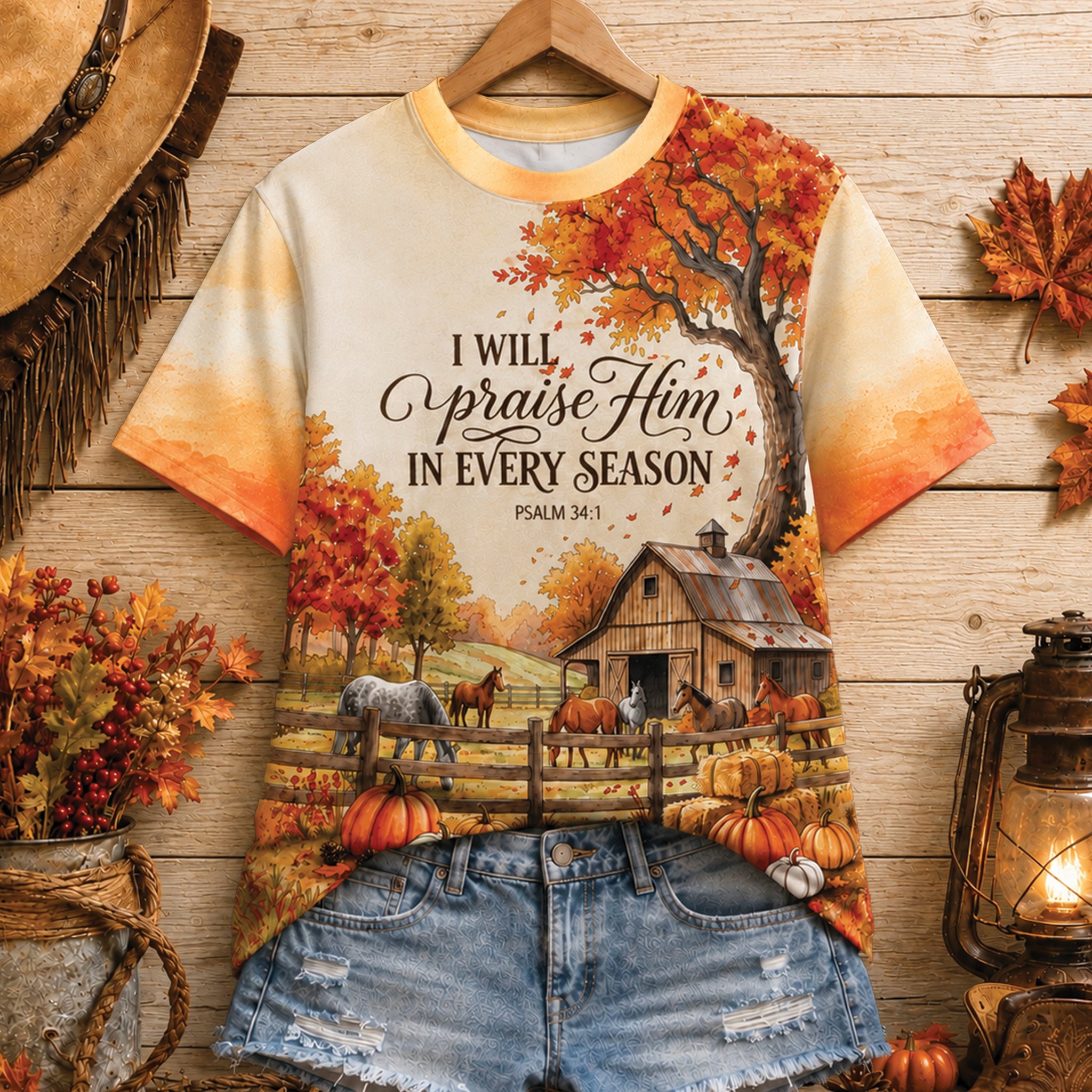 Christian Fall All Over Print Shirt, I Will Praise Him In Every Season Tee
