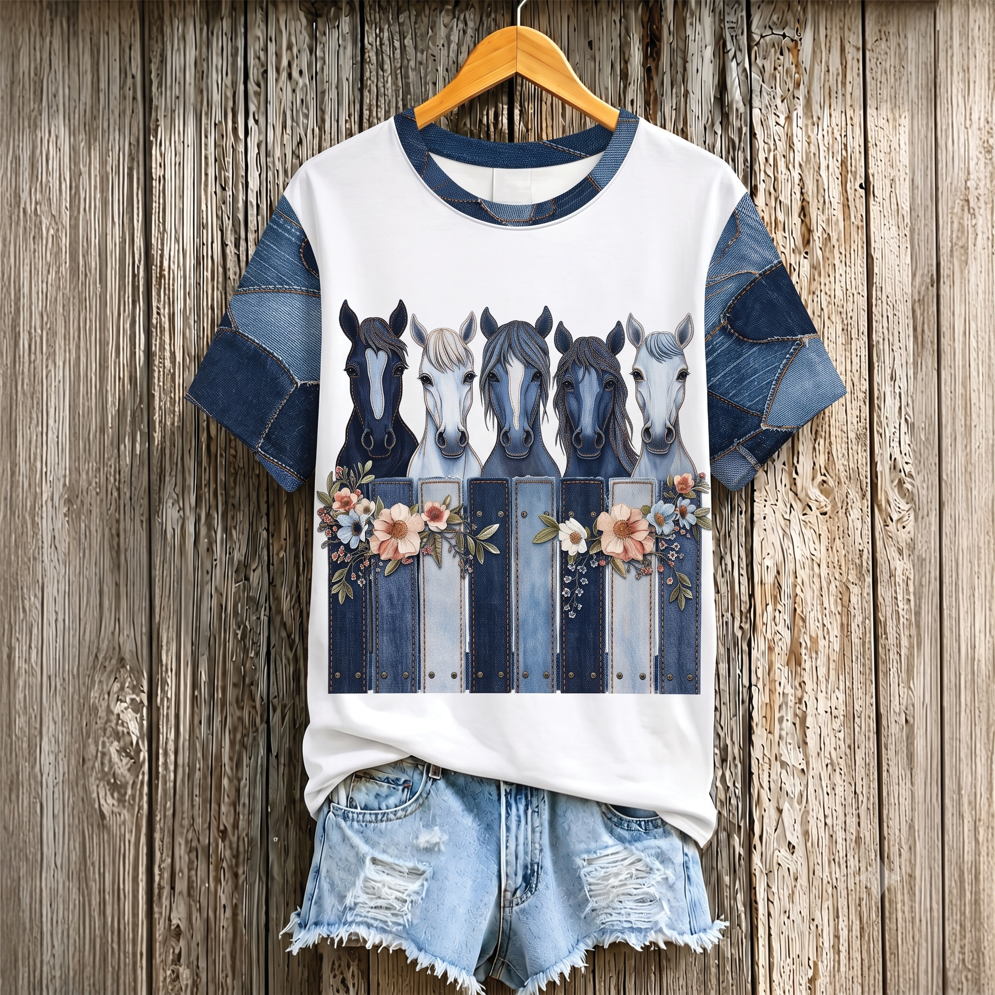 Western Horse Denim Print All Over Print Shirt