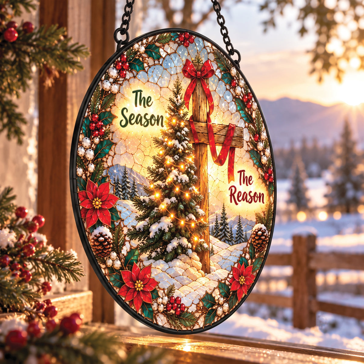 The Season The Reason Christmas Cross Faux Stained Glass Suncatcher