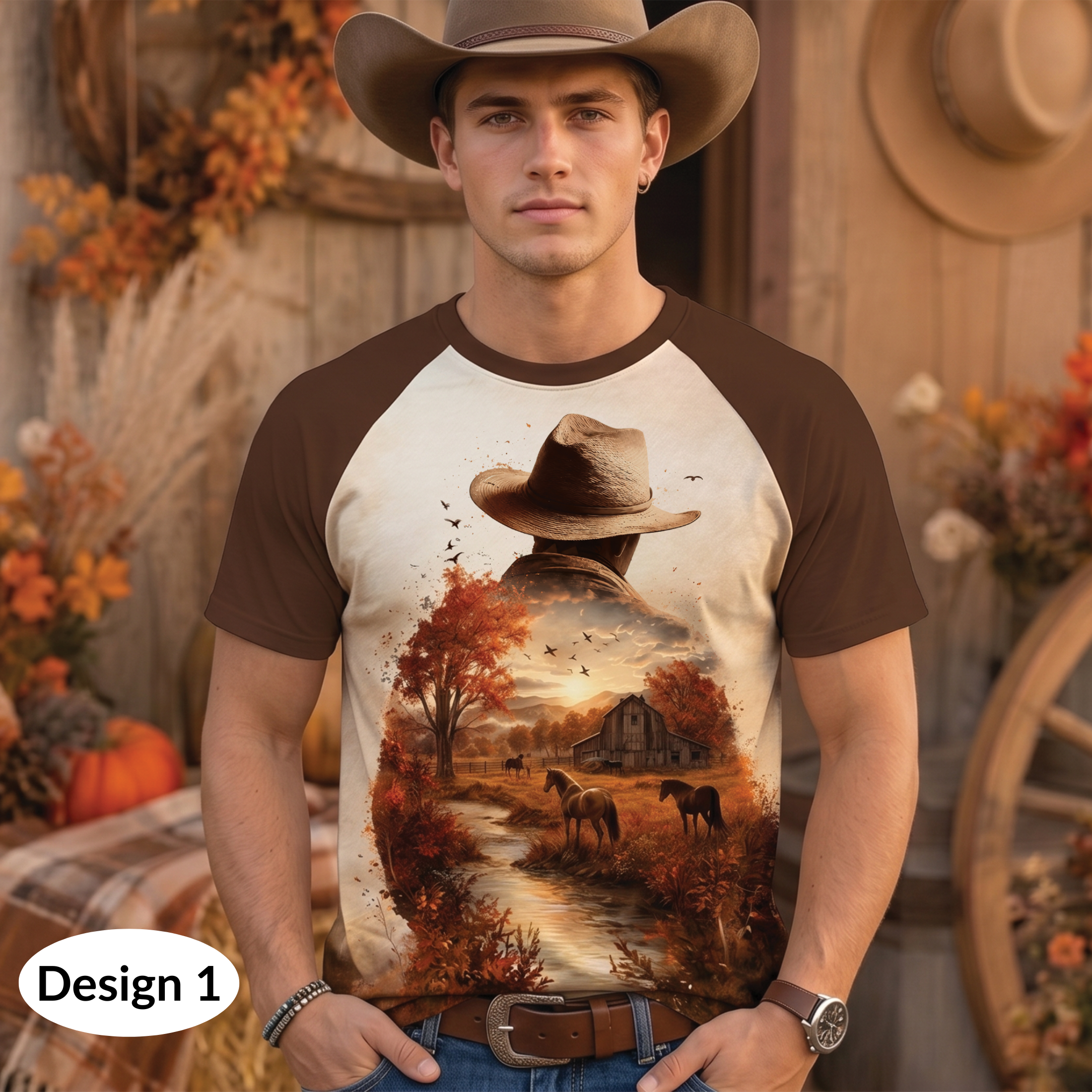 Vintage Western Cowboy Ranch All Over Print Shirt, Horse Farm Country Autumn Shirt