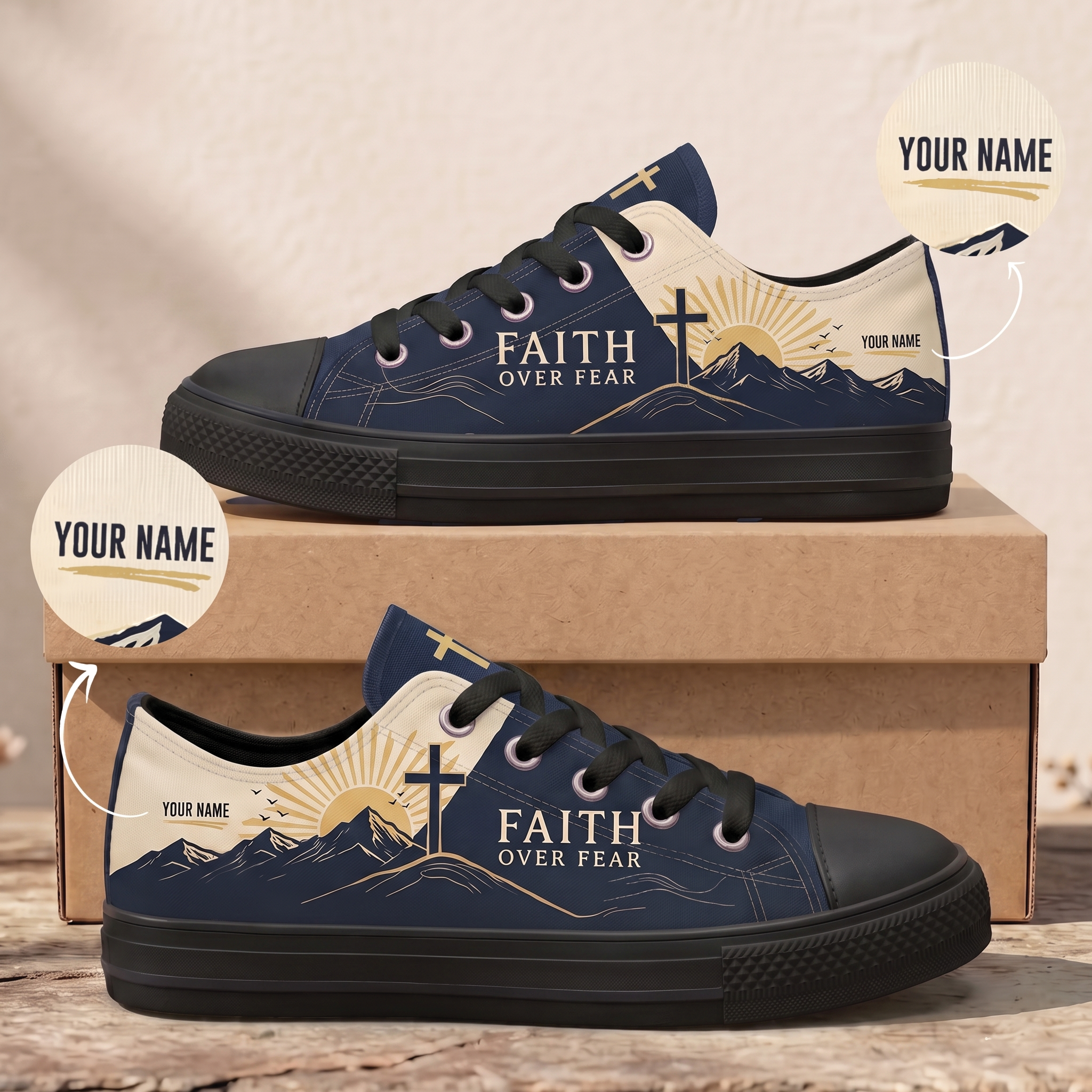 Personalized Faith Over Fear Canvas Sneakers – Custom Name Christian Low Top Shoes