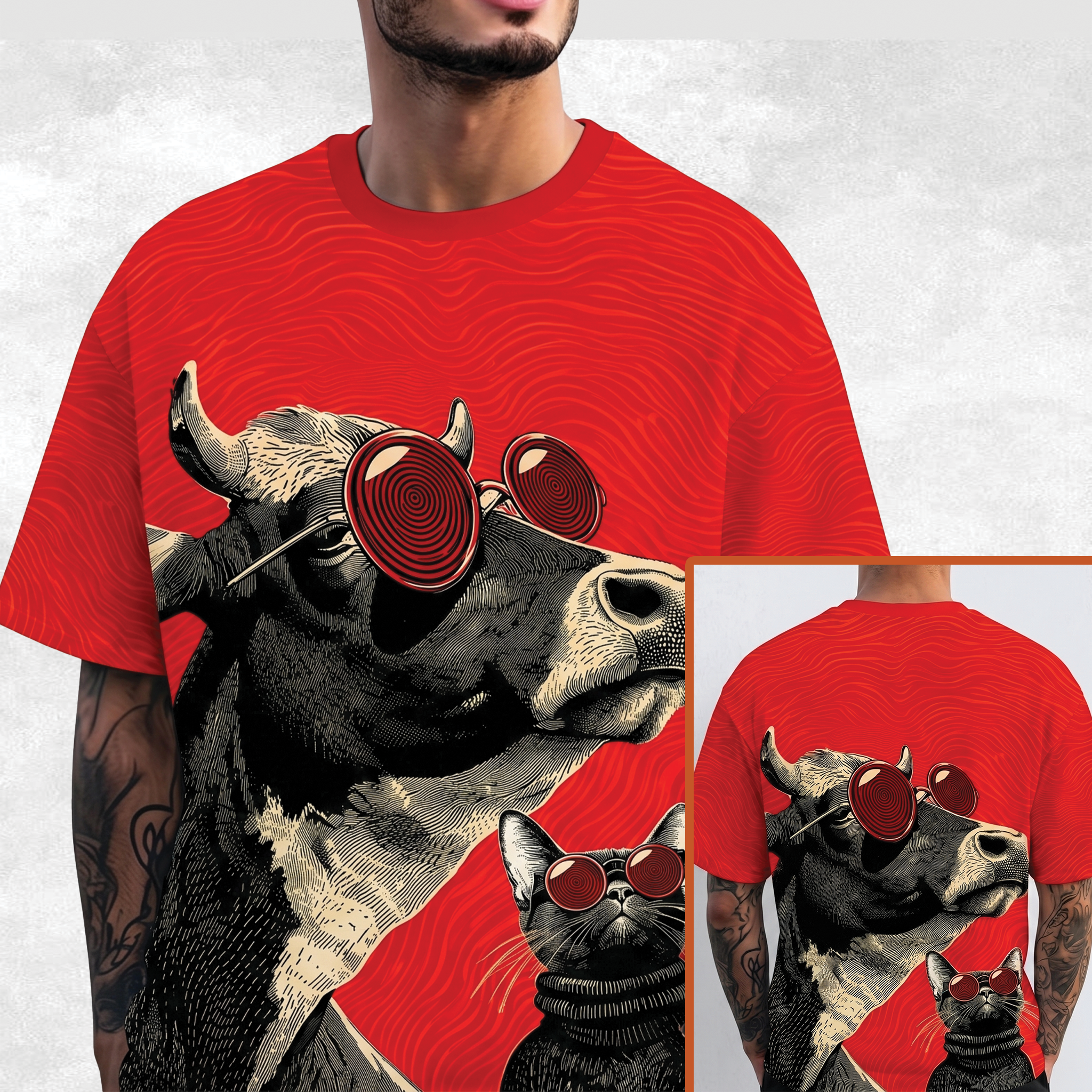 Hypnotic Cow and Cat with Sunglasses All Over Print Shirt, Trippy Hypnotic Animal Tee