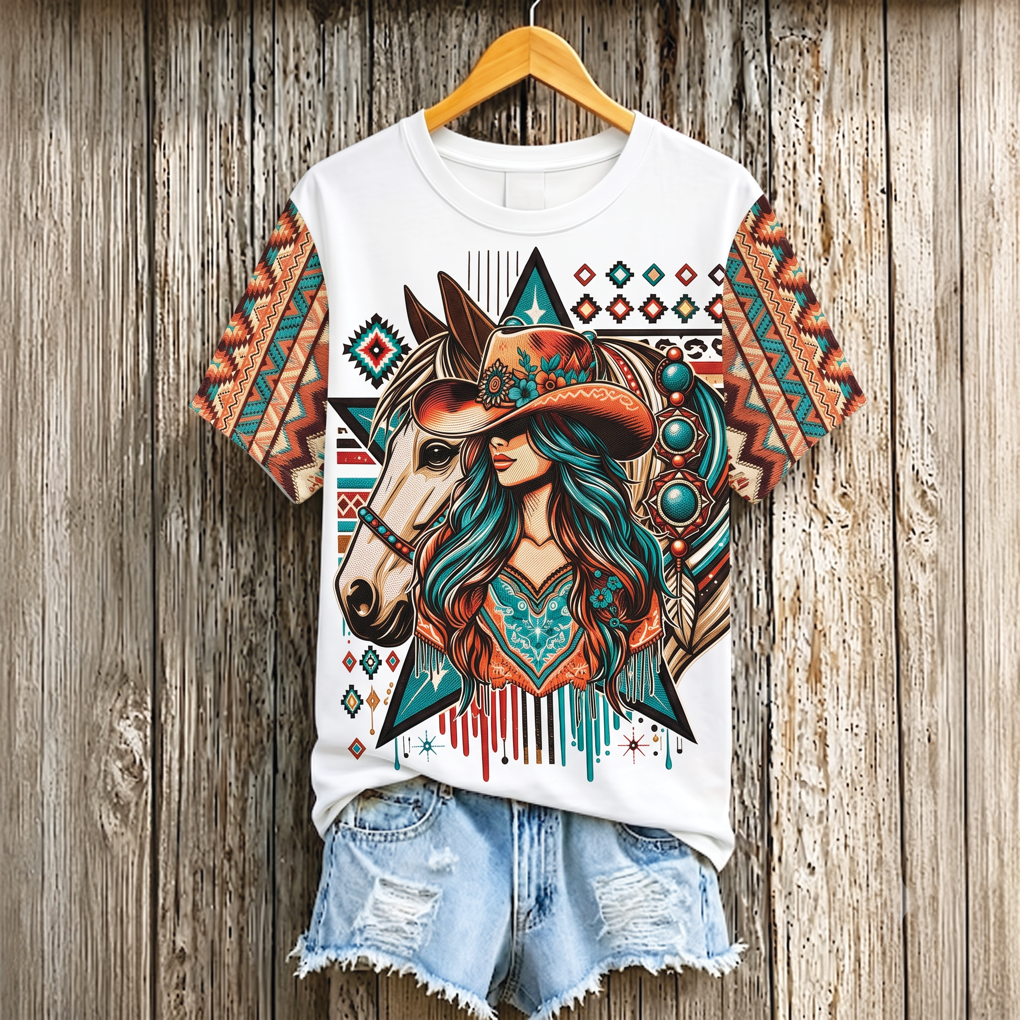 Native Horse All Over Print Shirt, Western Boho Horse Graphic Tee for Women