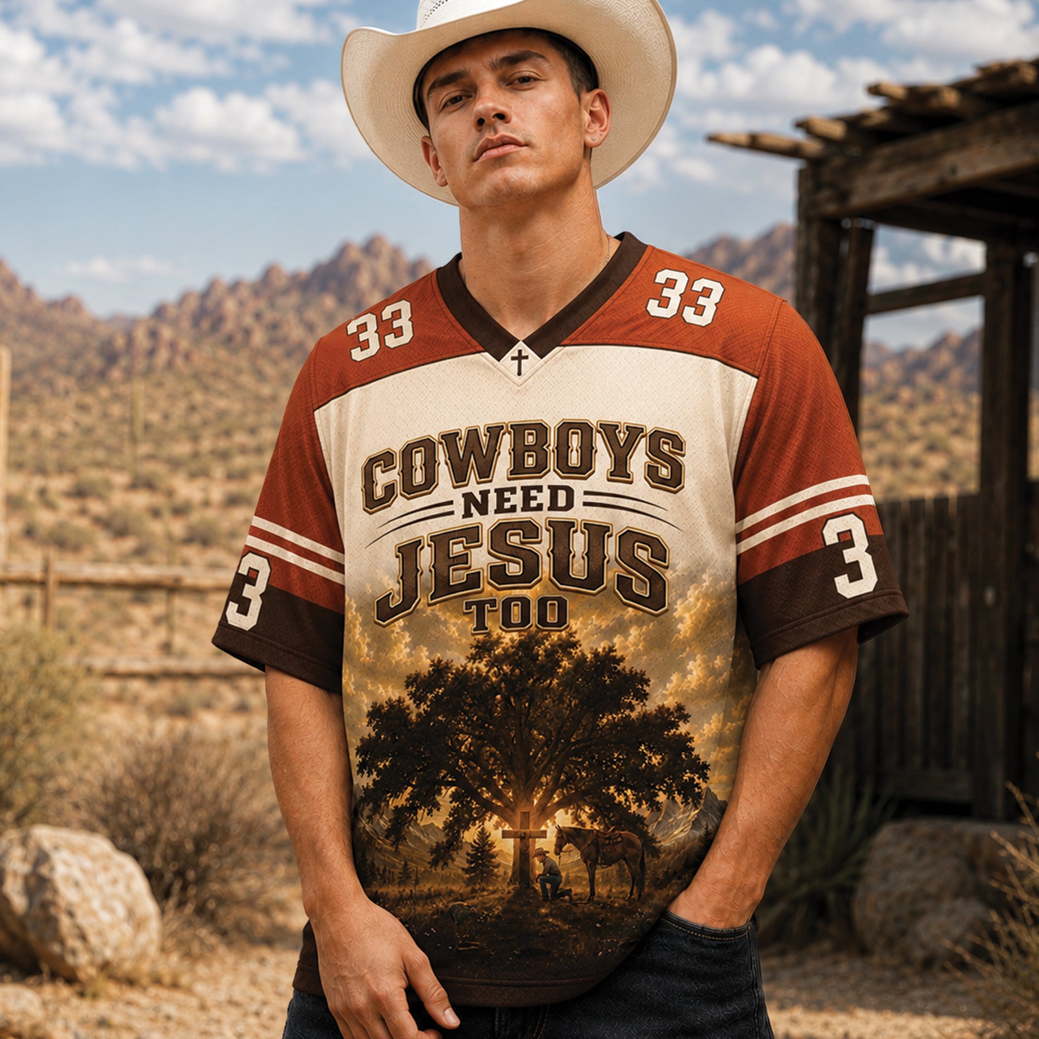 Cowboys Need Jesus Too Christian Football Jersey, Saved By Grace Western Cowboy Shirt