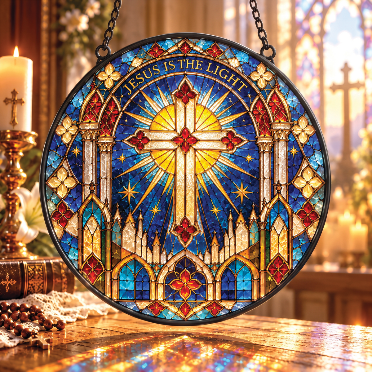 Christian Cross Jesus Is The Light Faux Stained Glass Suncatcher