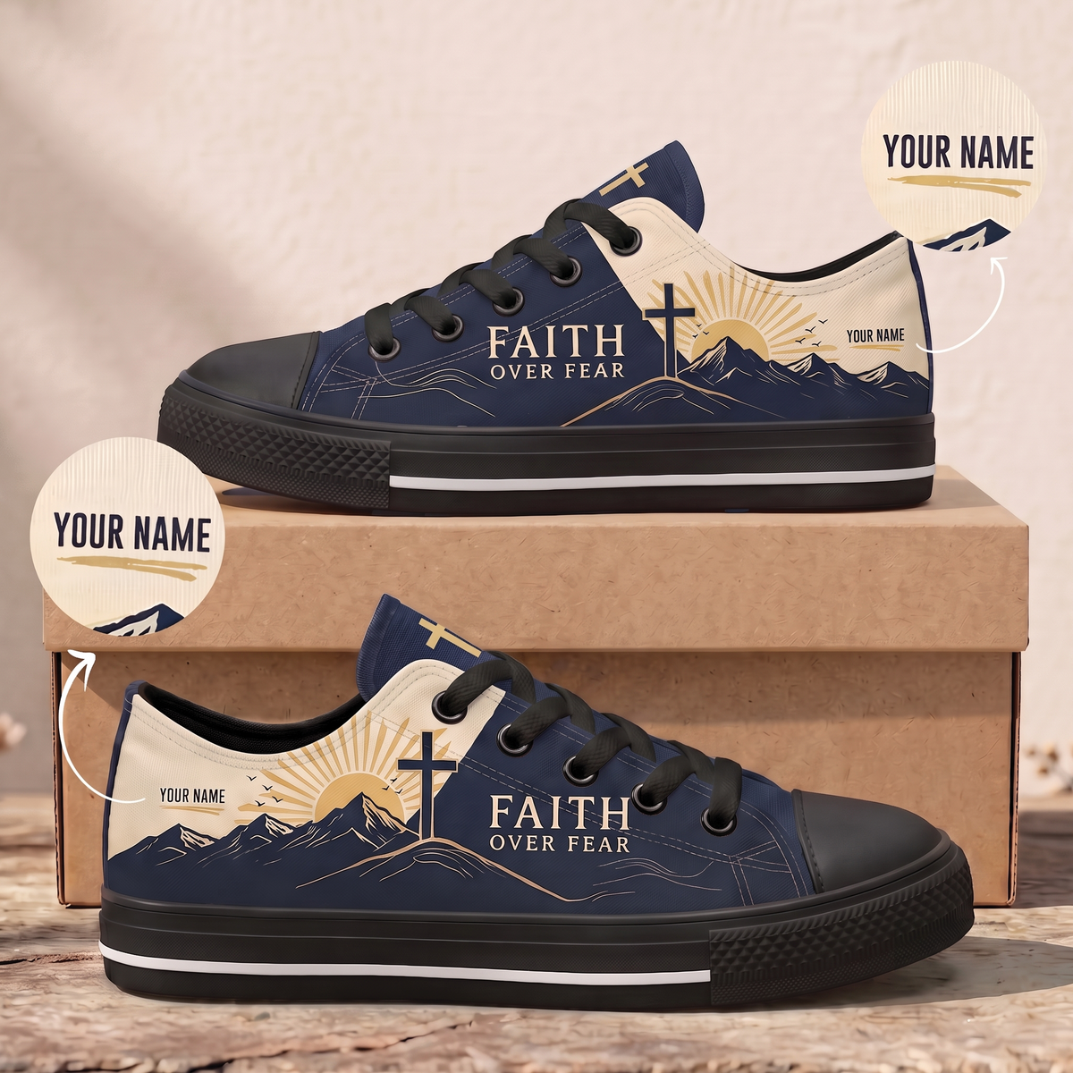 Personalized Faith Over Fear Canvas Sneakers - Custom Name Christian Low Top Shoes