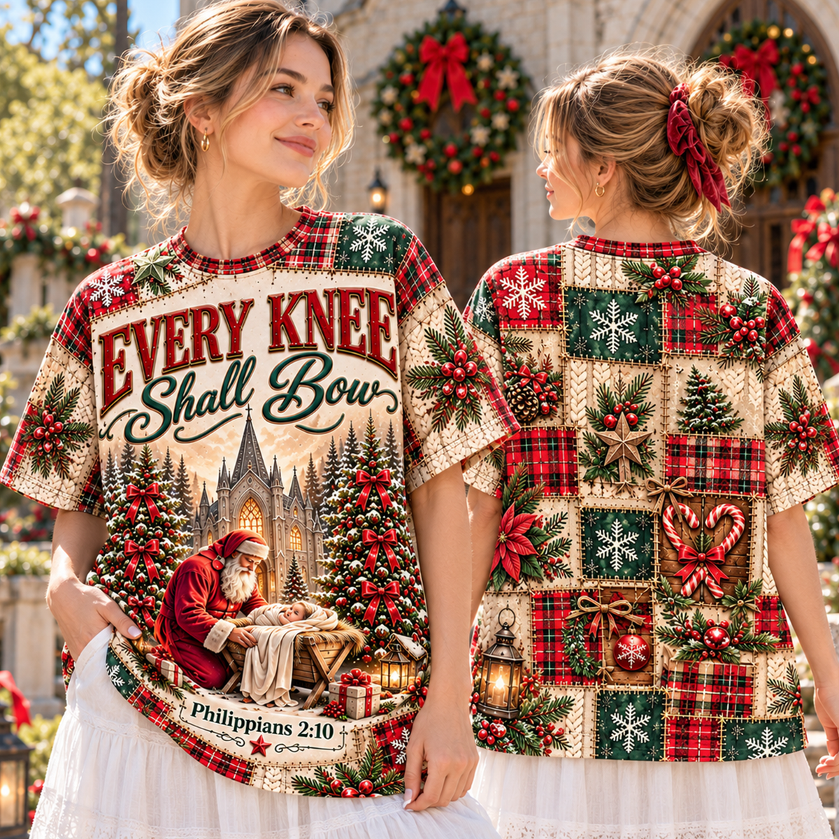 Every Knee Shall Bow Christian Christmas Patchwork All Over Print Shirt