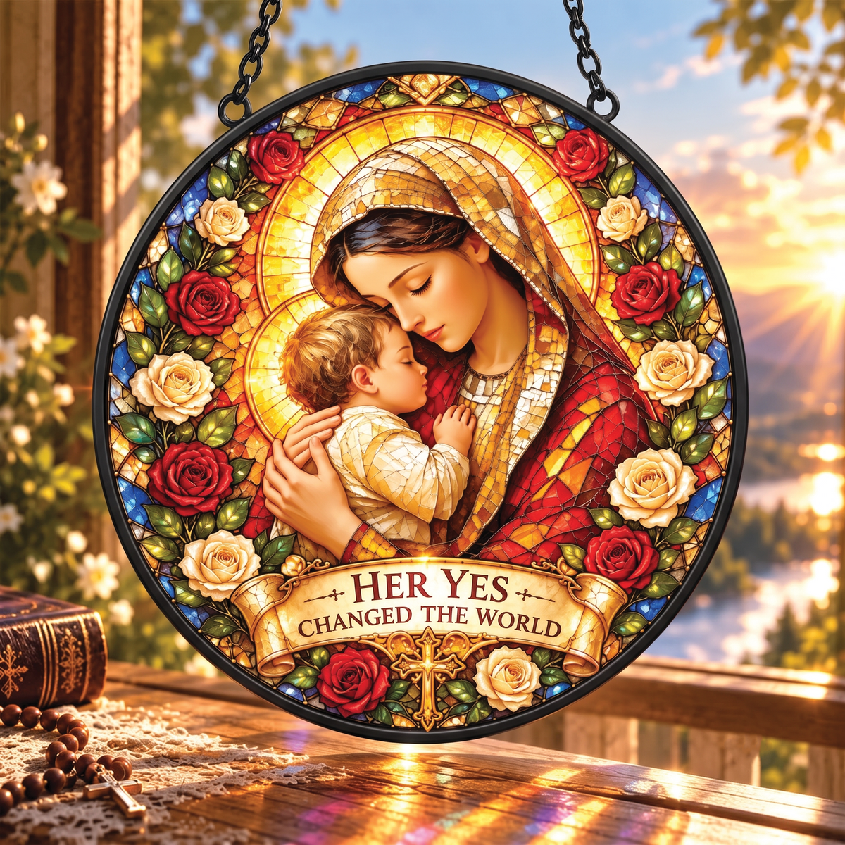 Mary's Yes Changed the World Faux Stained Glass Suncatcher