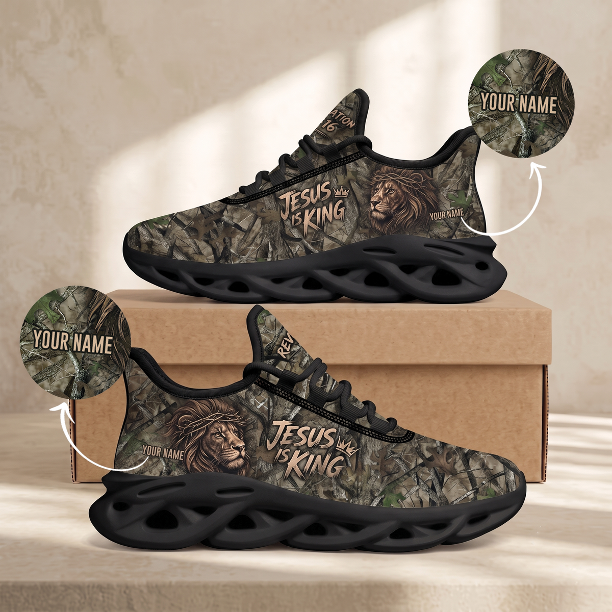 Custom Name Jesus Is King Camo Sneakers - Christian Max Soul Shoes