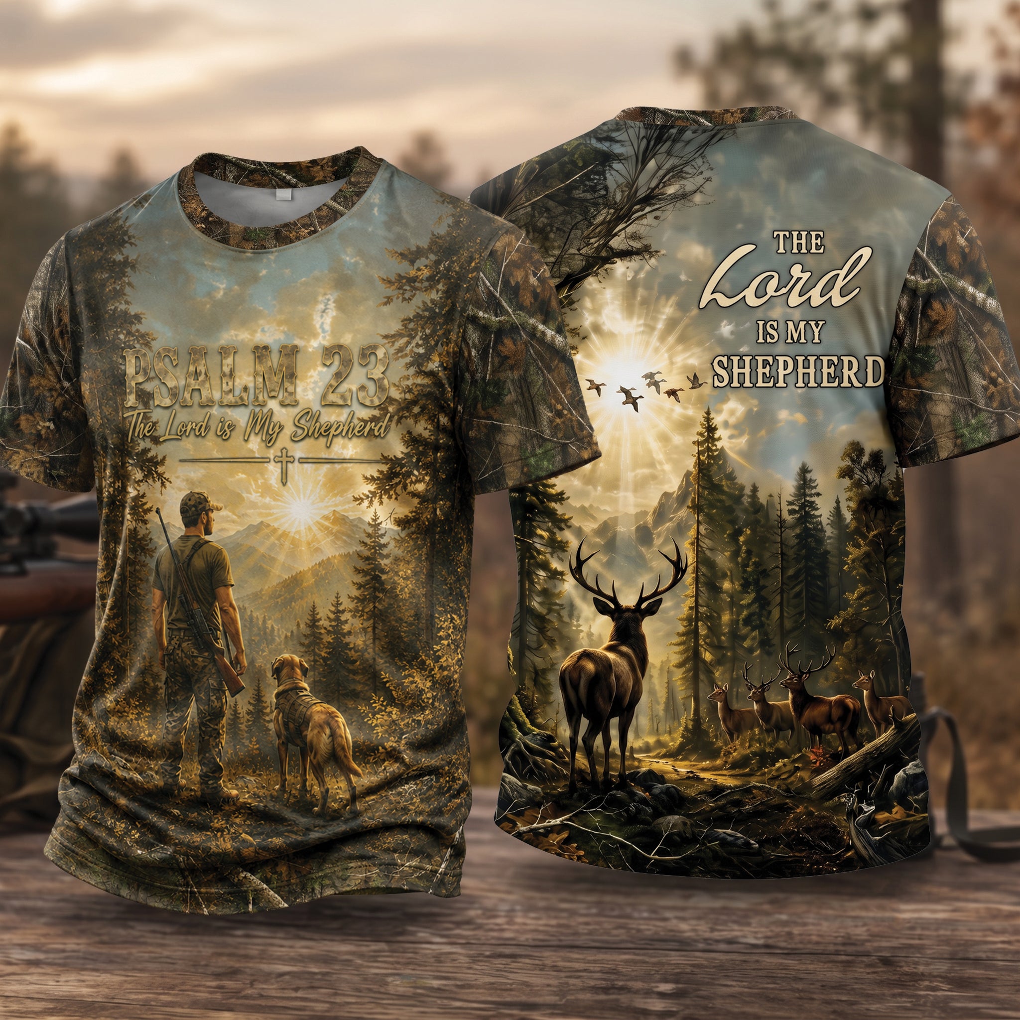 Christian Hunting All Over Print Shirt, Psalm 23 The Lord Is My Shepherd Tee